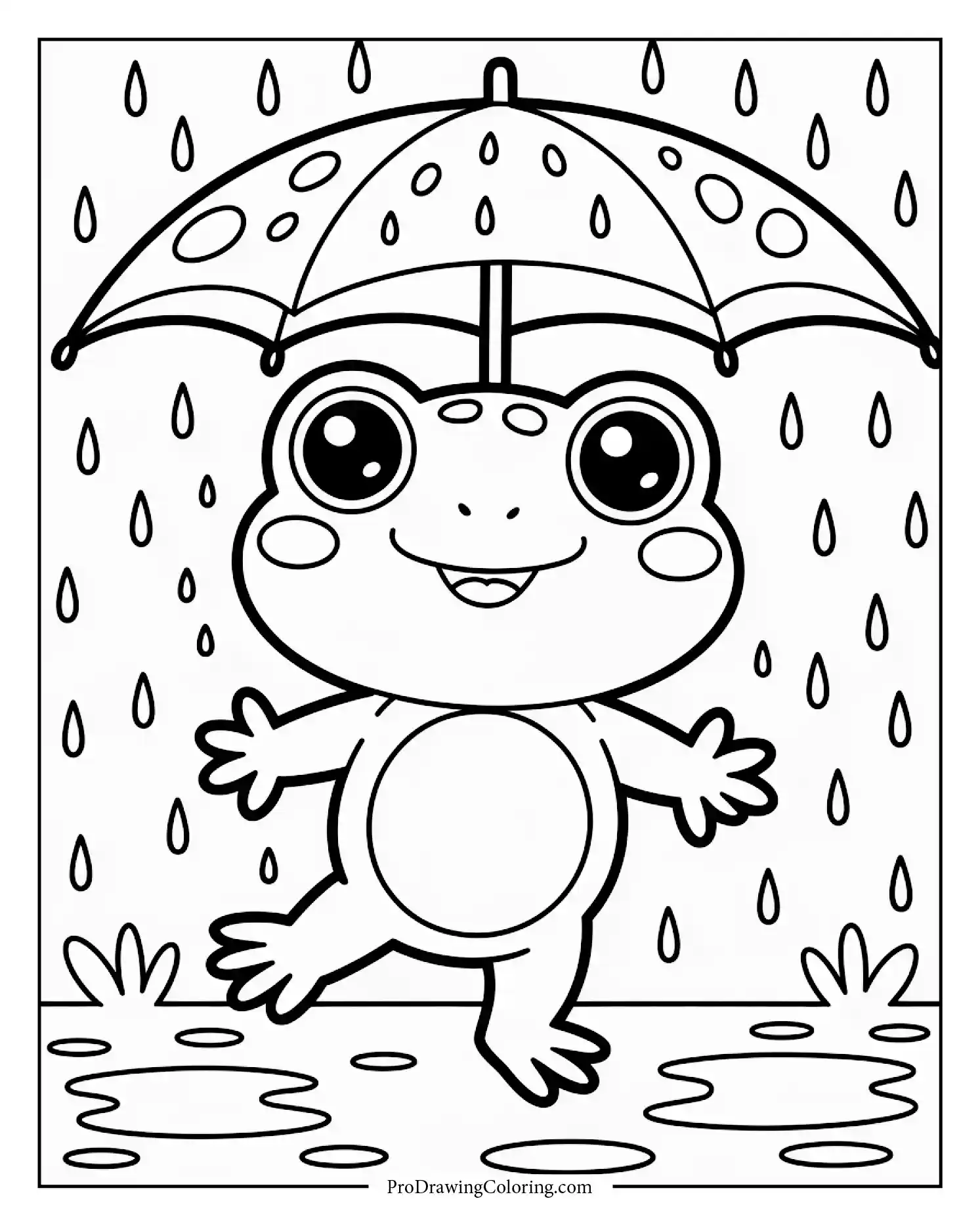 Happy frog jumping in puddles under gentle rain