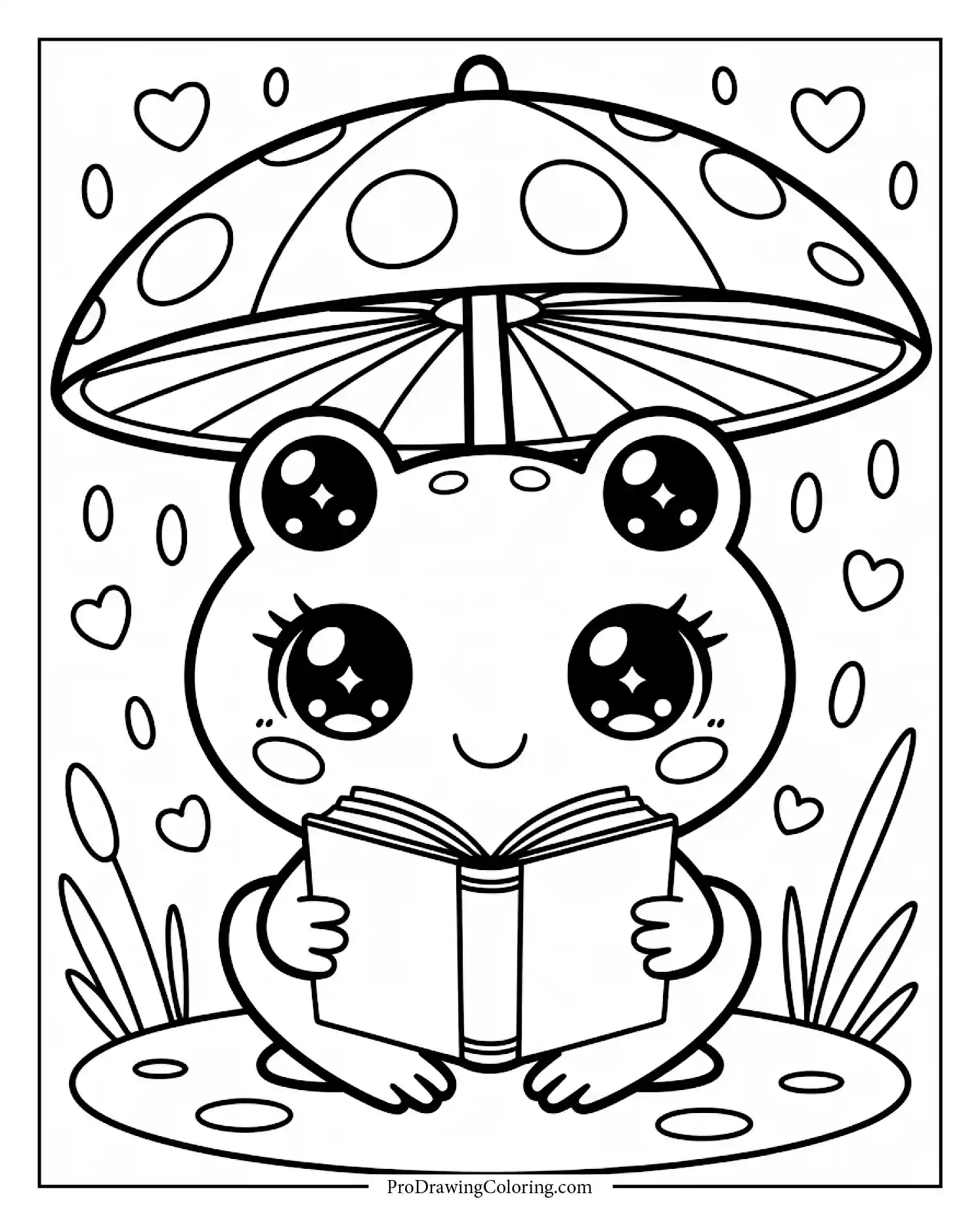 Small cute frog reading under a mushroom after the rain