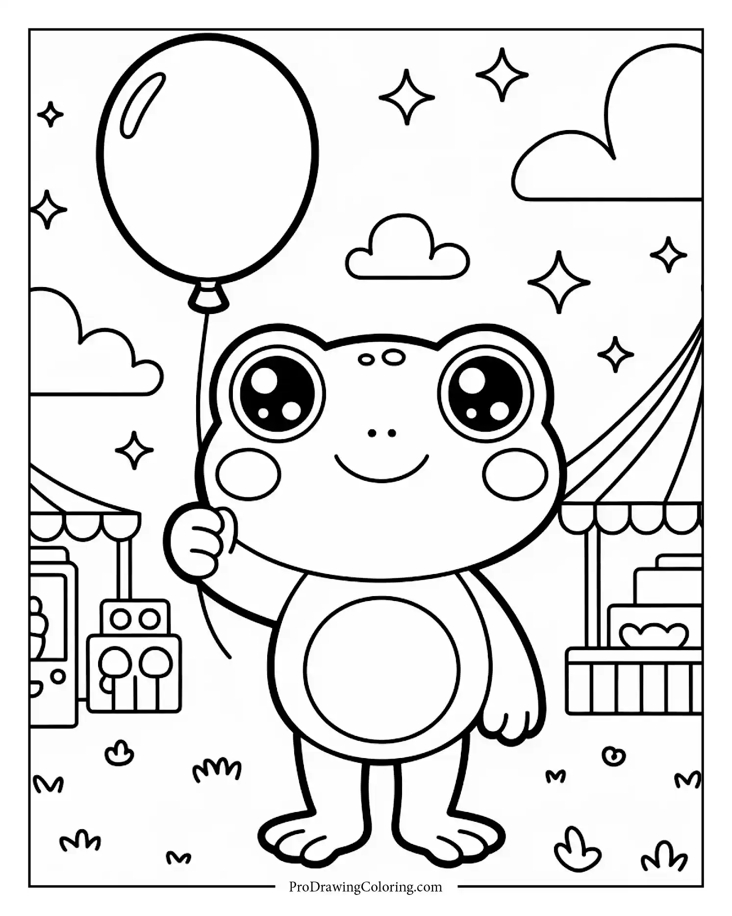 Little frog girl smiling and holding balloon in fair scene