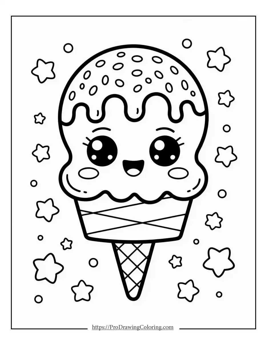 Kawaii ice cream cone with big eyes and a cute swirl on top.