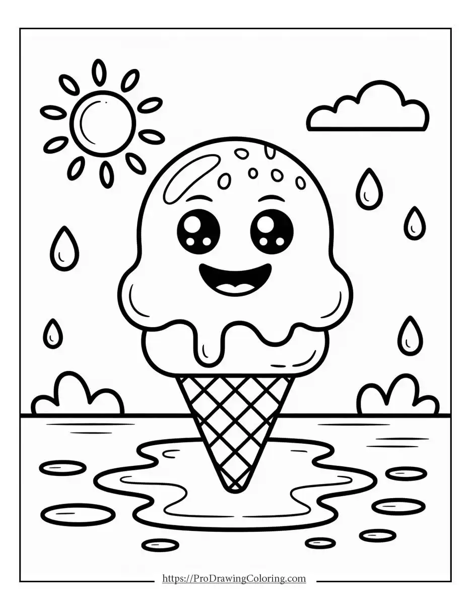 Kawaii ice cream under the sun with a summer smile and simple clouds.