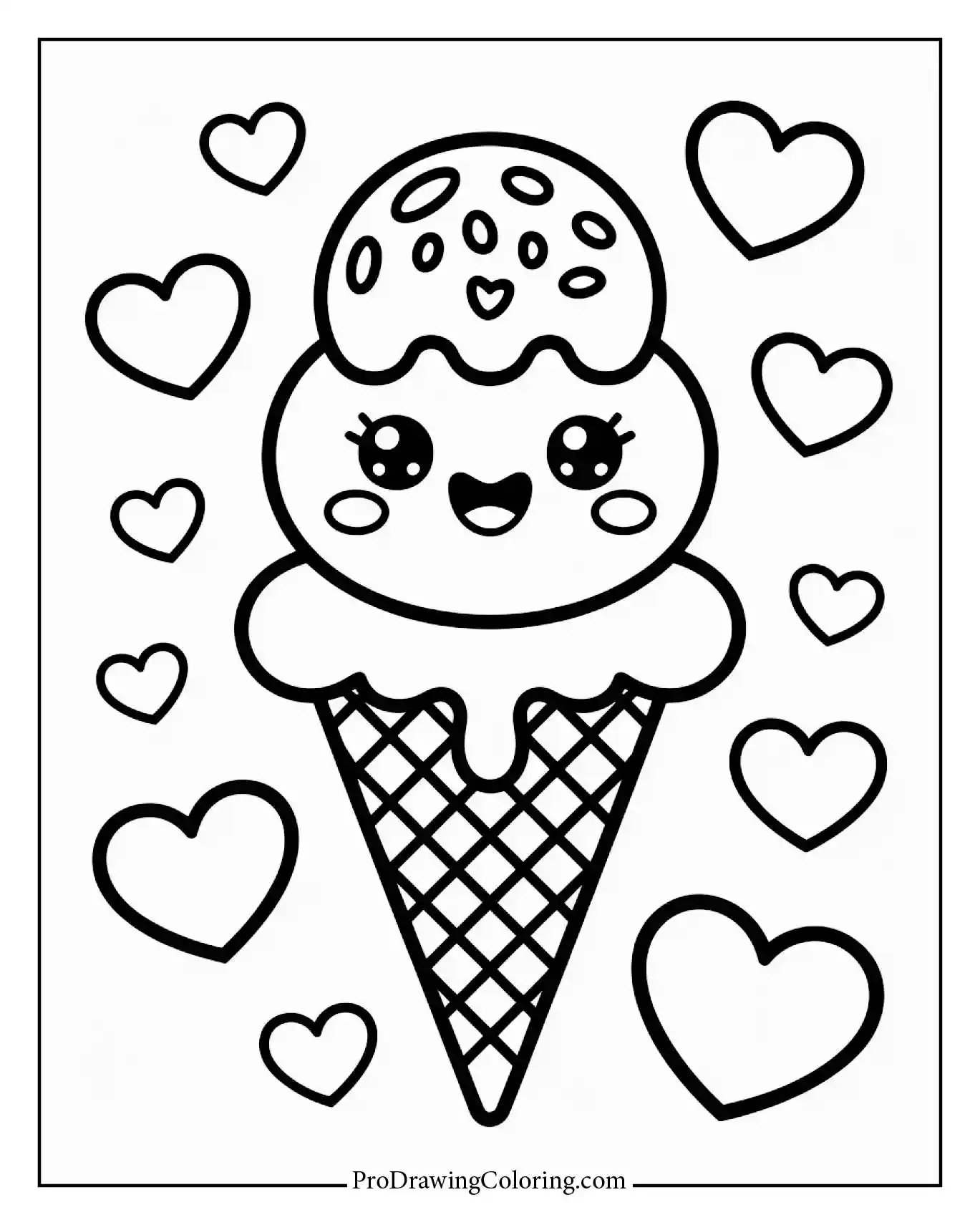 Detailed kawaii ice cream with hearts designed for ice cream coloring lovers