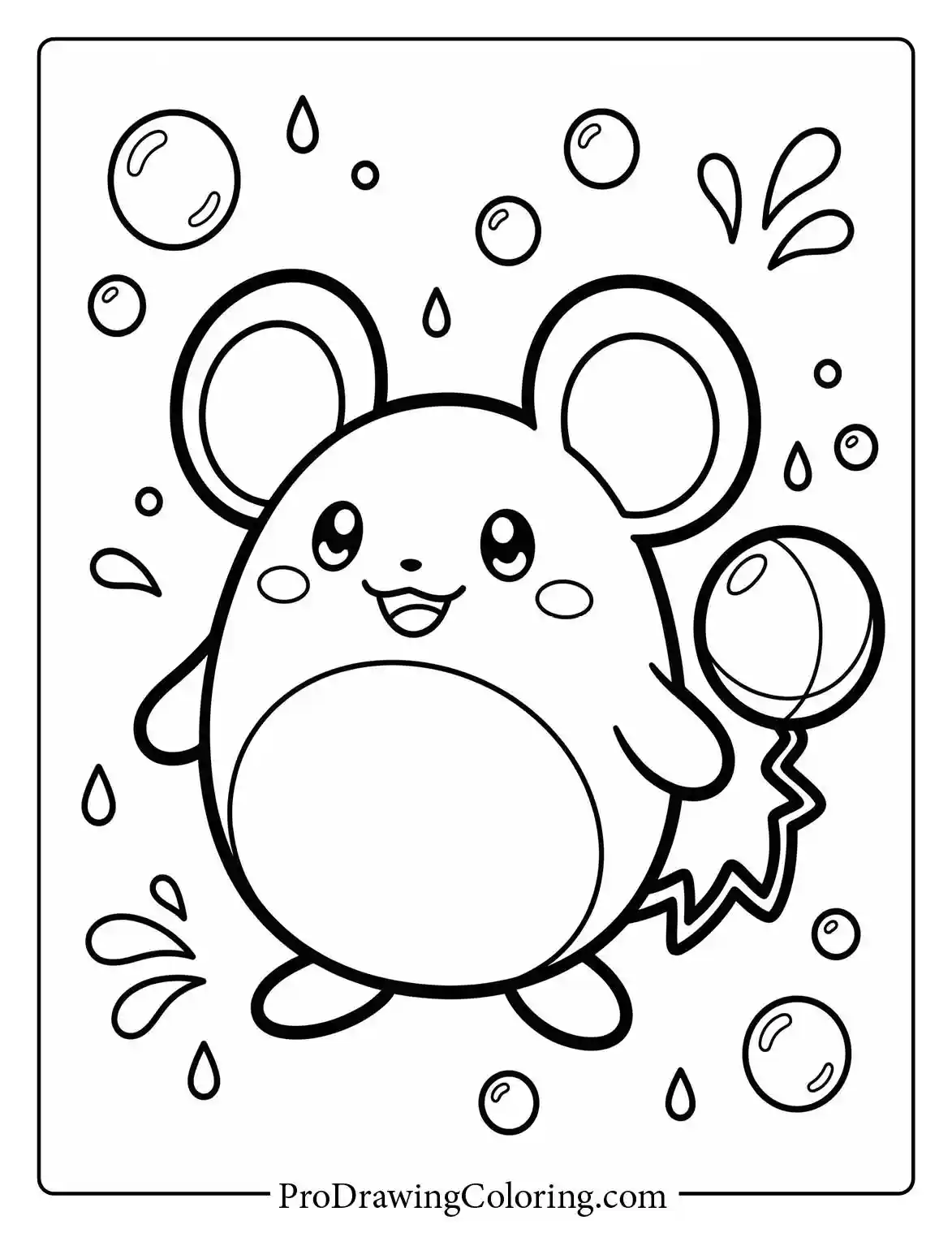 Adorable Marill stands cheerfully with a big smile, surrounded by splashing water drops and little bubbles in a fun coloring sheet.