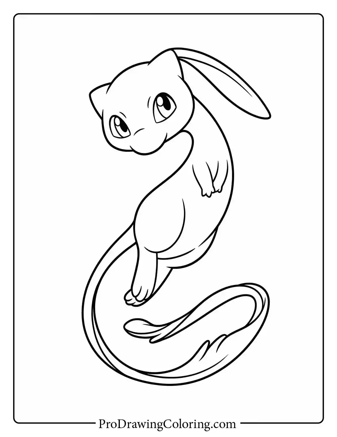 A beautiful coloring page of the legendary Mew floating gracefully with its long tail curling around its body, looking innocent.
