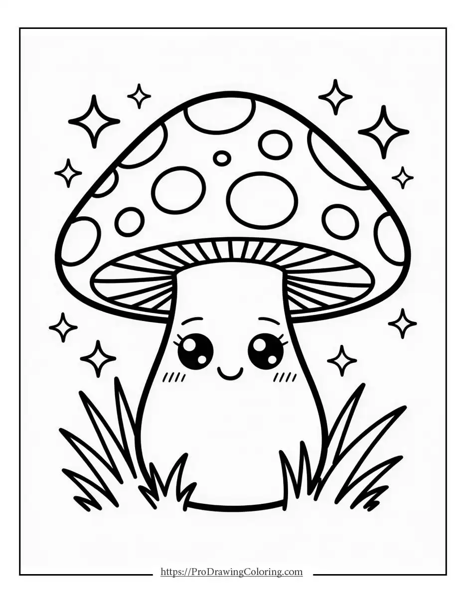 Kawaii mushroom with a cute cap pattern and simple rounded outline.