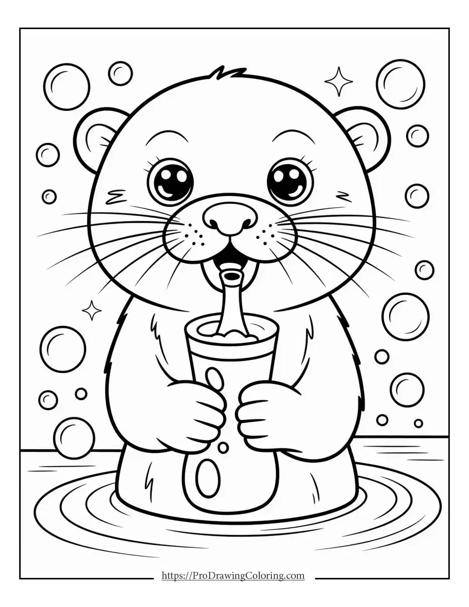 Kawaii otter blowing bubbles with a playful underwater feeling.