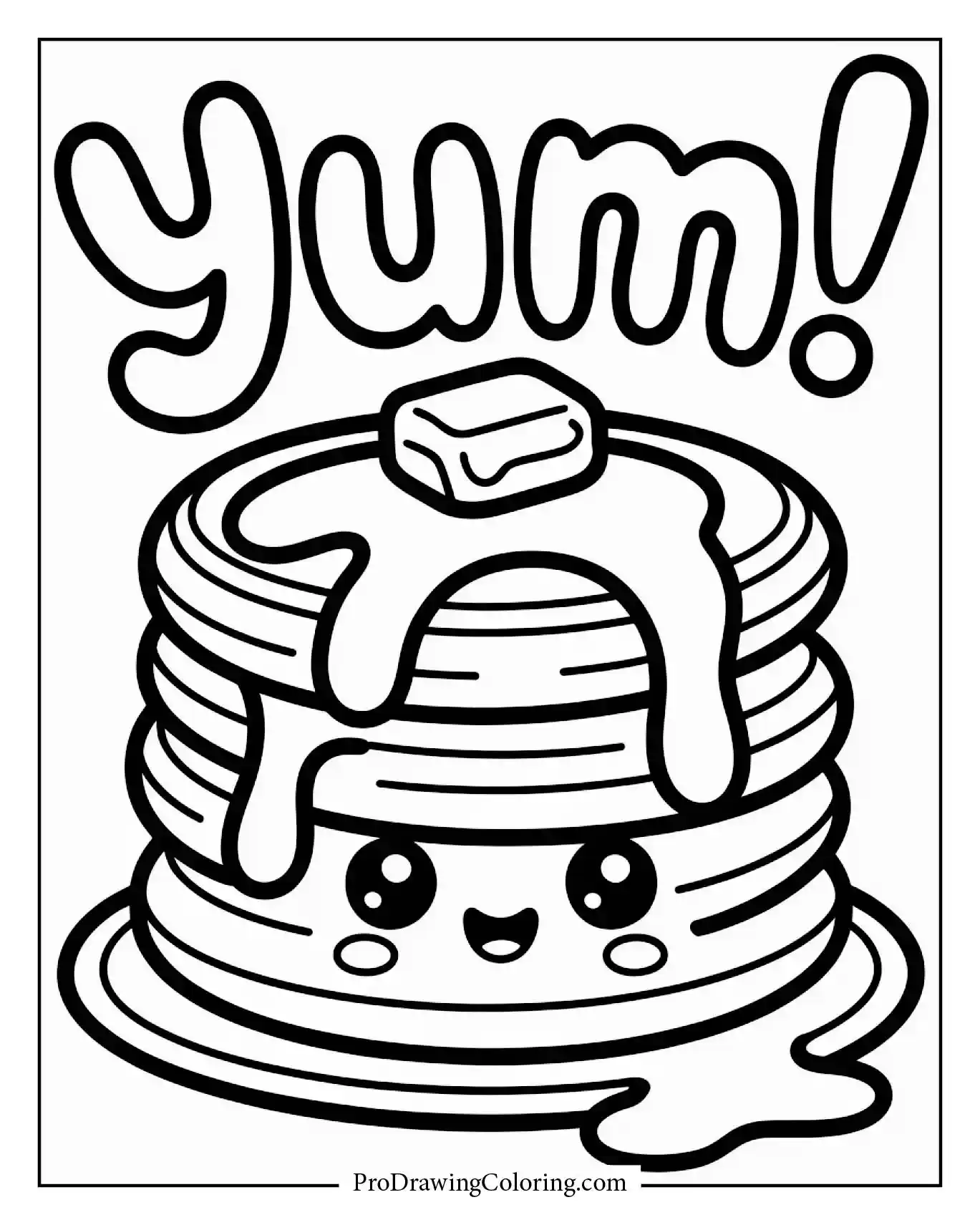 Kawaii pancake stack food coloring page with syrup and butter