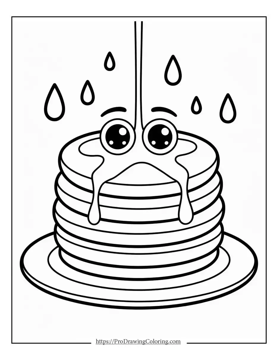 Kawaii pancake stack with a smiling face and cute syrup topping.