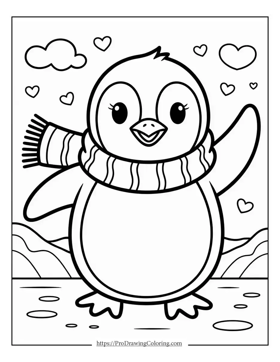Kawaii penguin with a scarf, winter vibes, and a friendly smile.