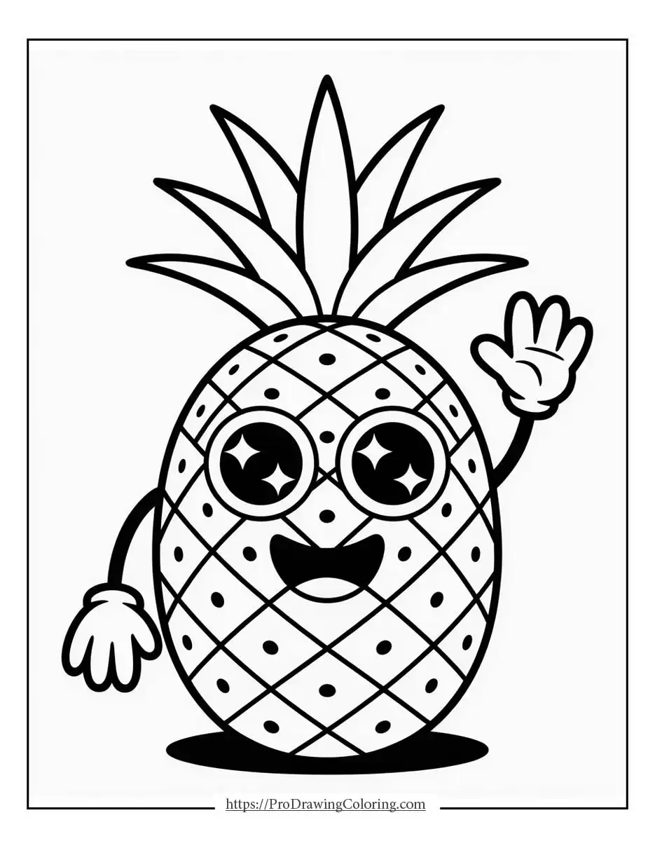 Kawaii pineapple character with a leafy crown and a happy face.