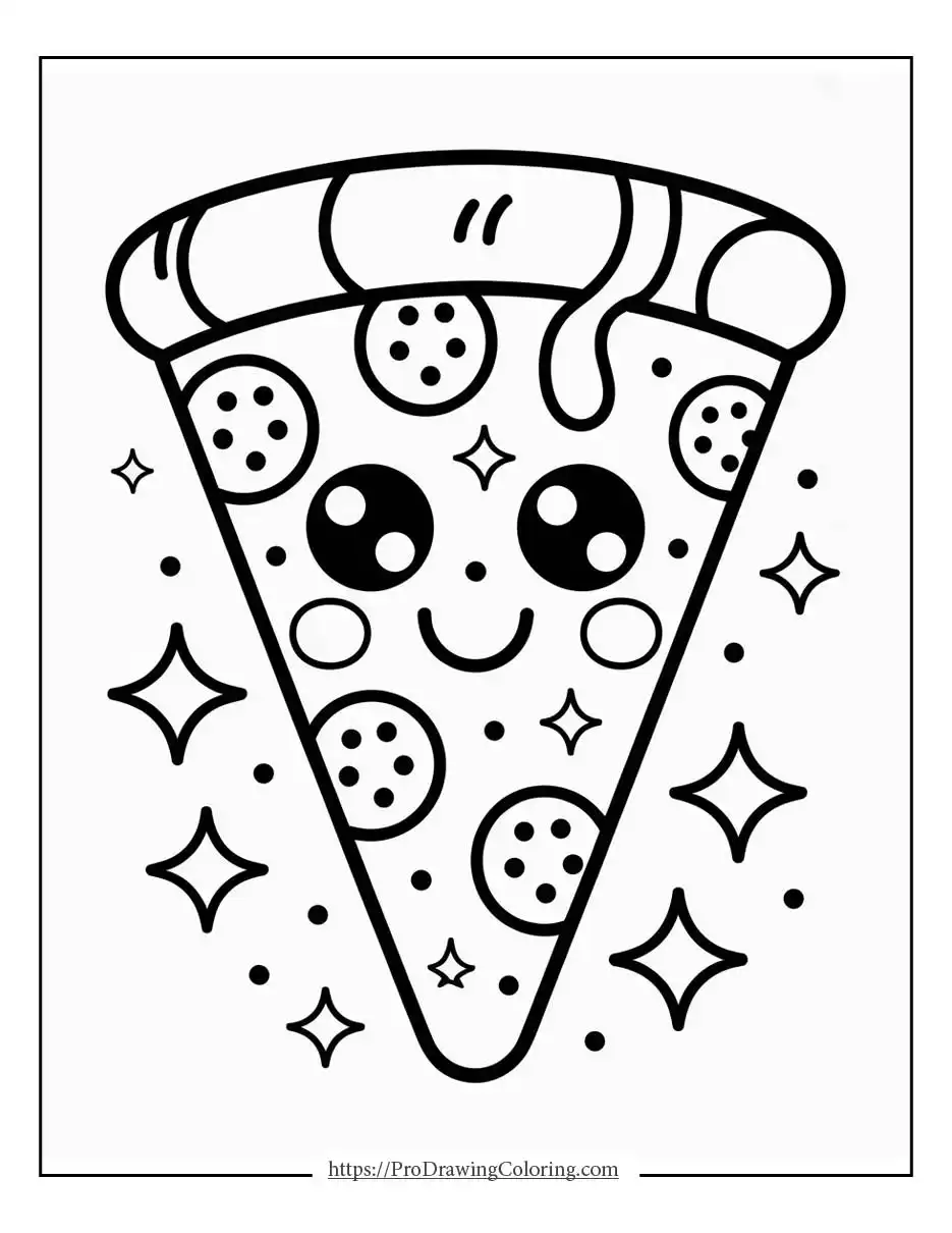 Kawaii pizza slice with cute toppings and a smiling face.