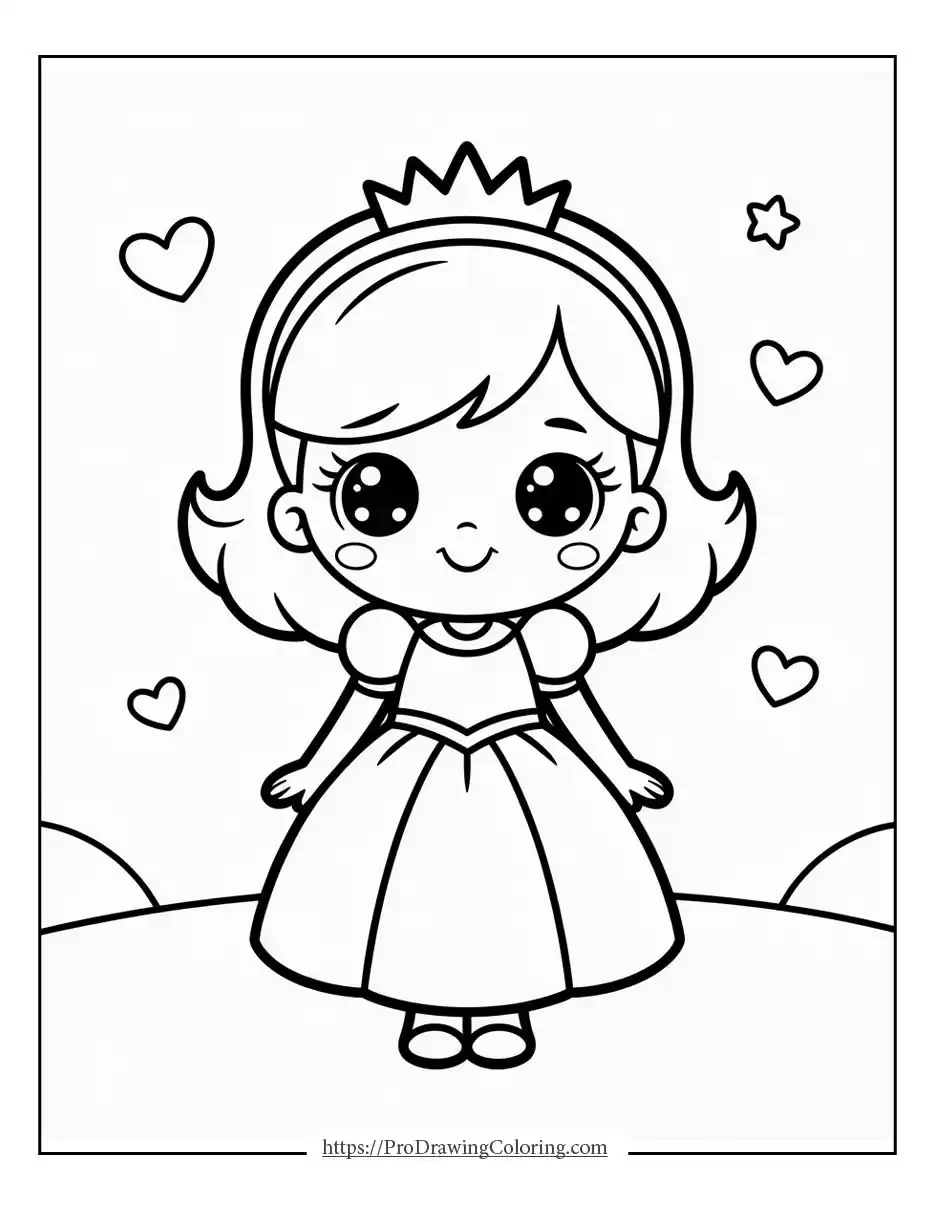 princess coloring page in kawaii style with a simple and cute princess design