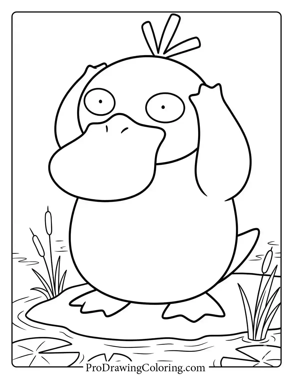 Psyduck stands on a large lily pad in the water, holding its head in confusion among plants, a kawaii printable.