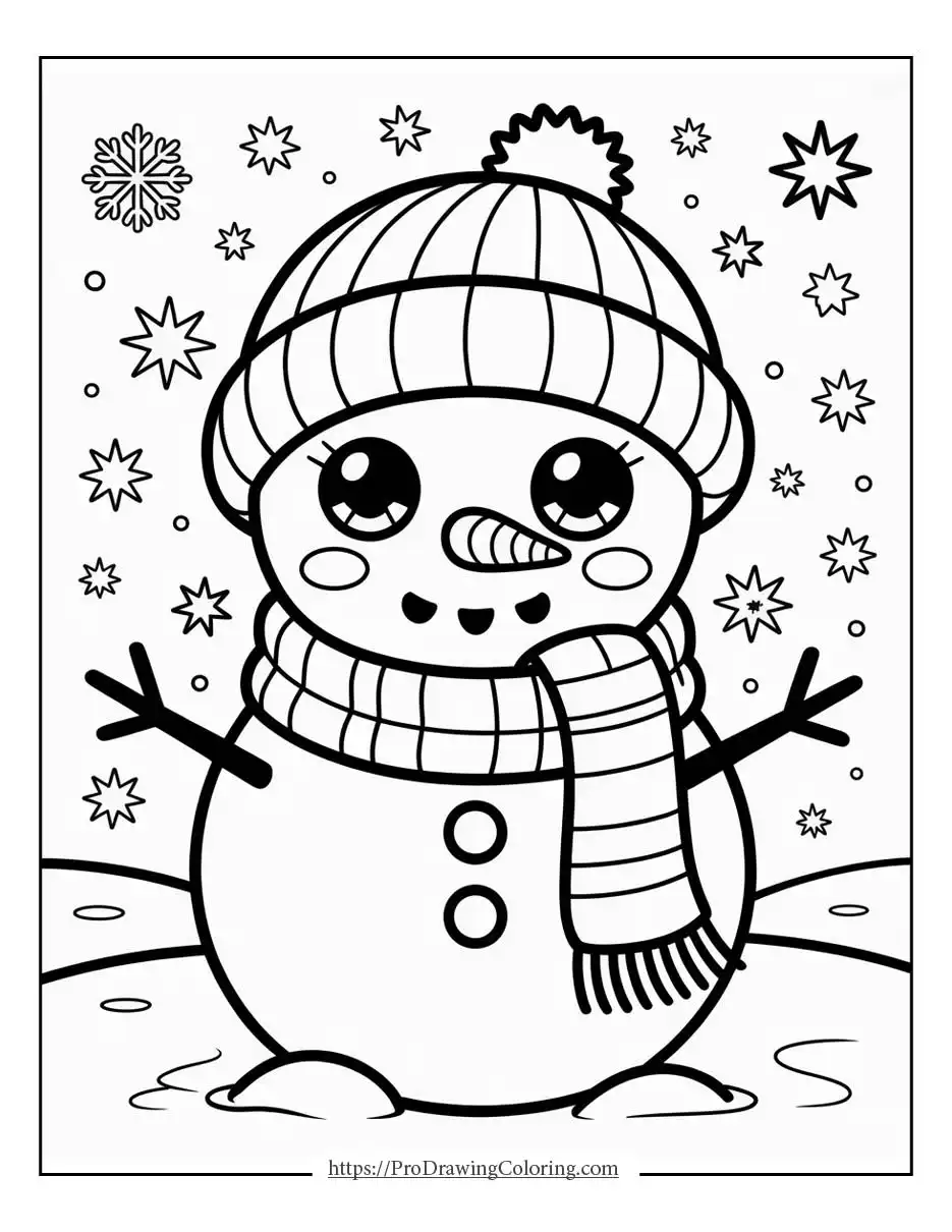 Kawaii Christmas snowman with a scarf and friendly winter smile.