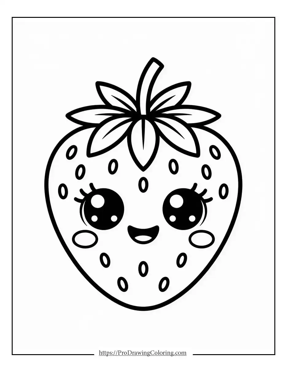 Kawaii strawberry character with tiny seeds and a sweet smile.