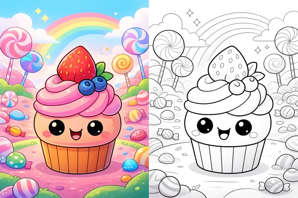 kawaii strawberry cupcake coloring pages in candy world with lollipops and sweets, cute smiling cupcake with strawberry and blueberries, pastel candy landscape, perfect for kids printable coloring