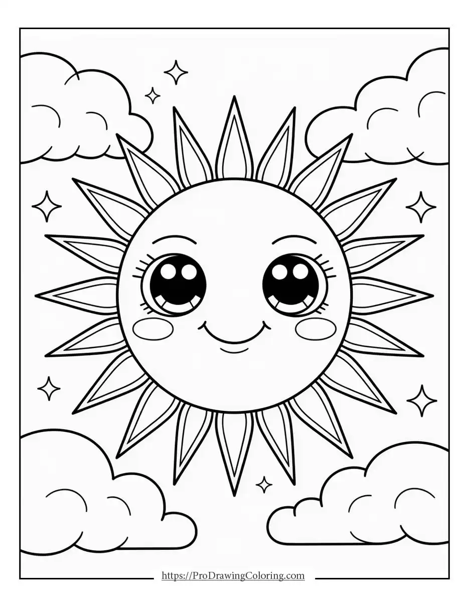 Kawaii sun between clouds with a cute face and simple sky shapes.