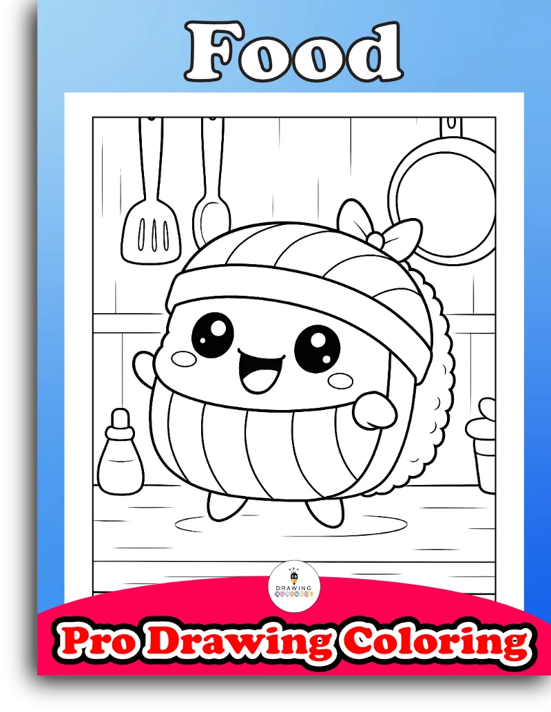 A happy sushi character in the kitchen, these black and white coloring pages are easy and free to print.
