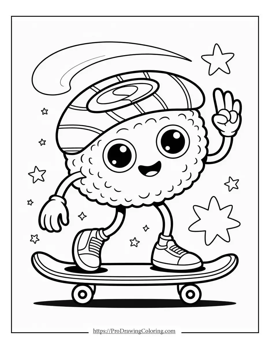 Kawaii sushi on a skateboard, with a fun sporty cartoon look.