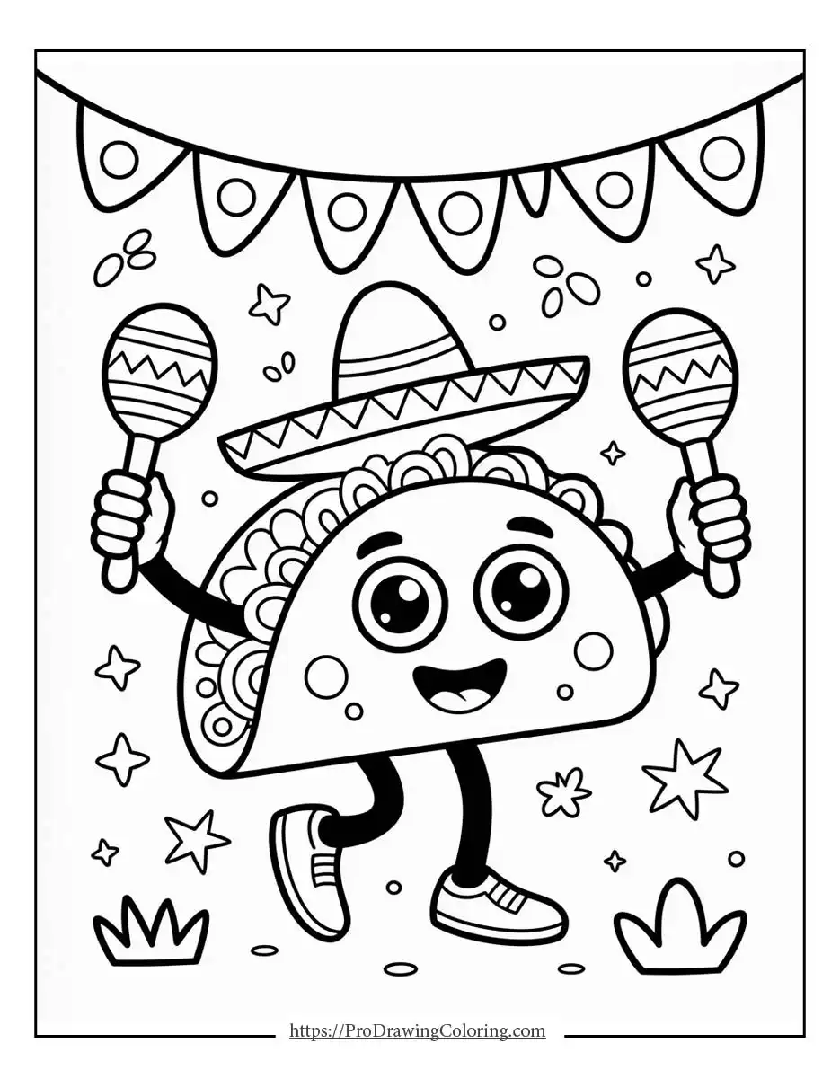 Kawaii taco character with cute fillings and a happy face.