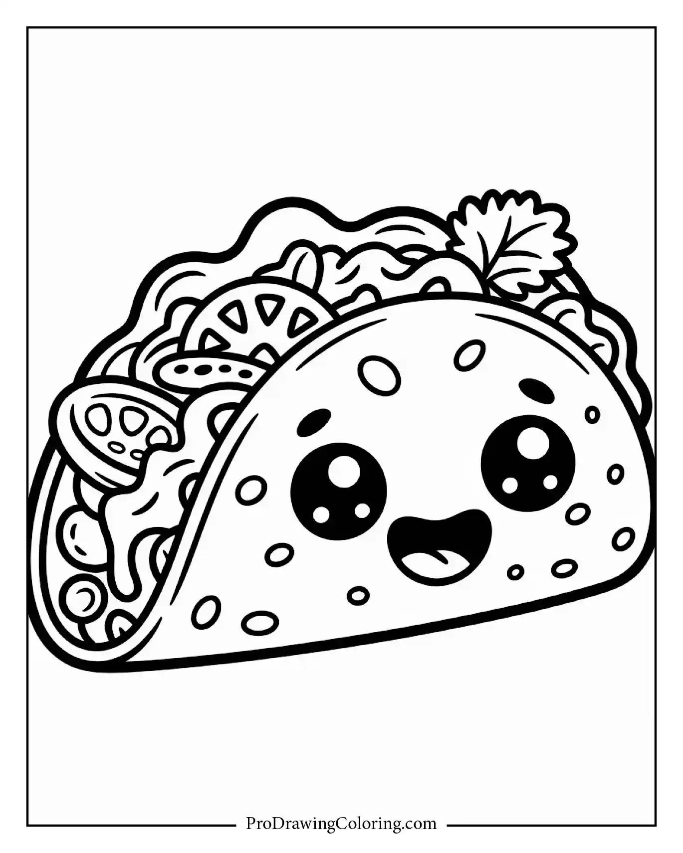 Cute kawaii taco food coloring page with smiling face