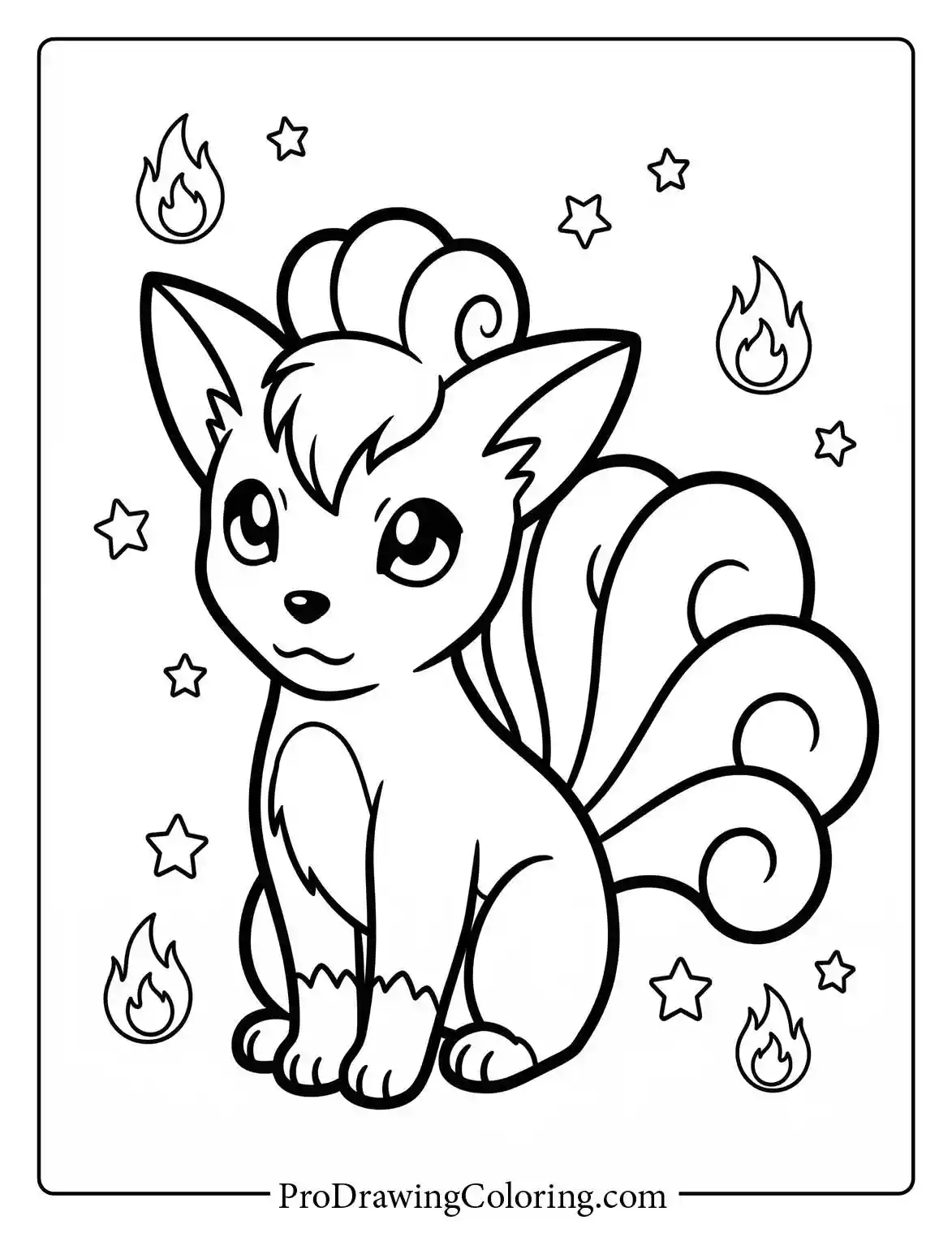 Printable Pokemon coloring sheet featuring a kawaii Vulpix sitting gracefully, surrounded by tiny floating fire flames and shining stars.