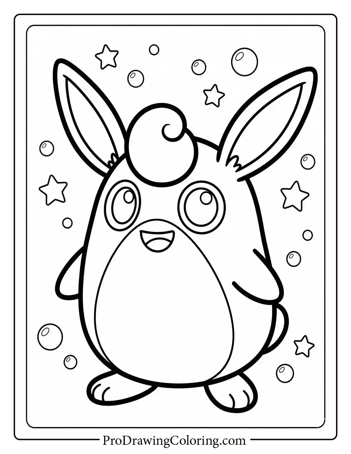 Wigglytuff smiles brightly while standing in a playful pose, surrounded by floating bubbles and stars, a kawaii coloring page.