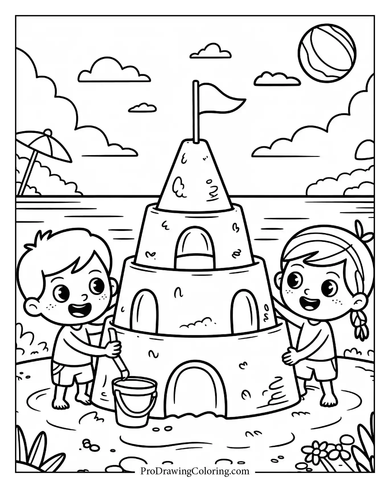 Beach coloring pages – kids building sandcastle cartoon scene