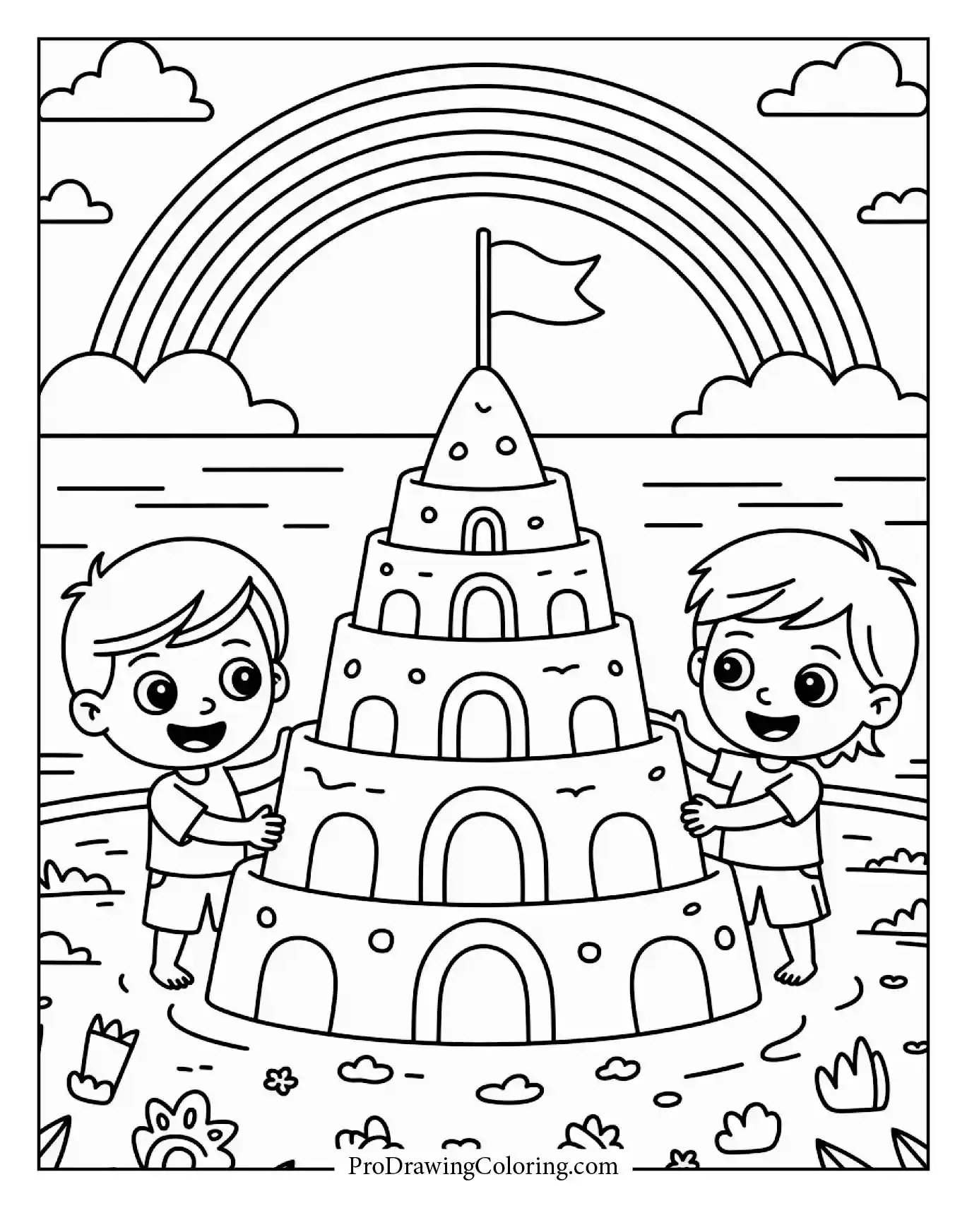 Two kids building a rainbow-colored sandcastle by the ocean waves while seagulls fly above