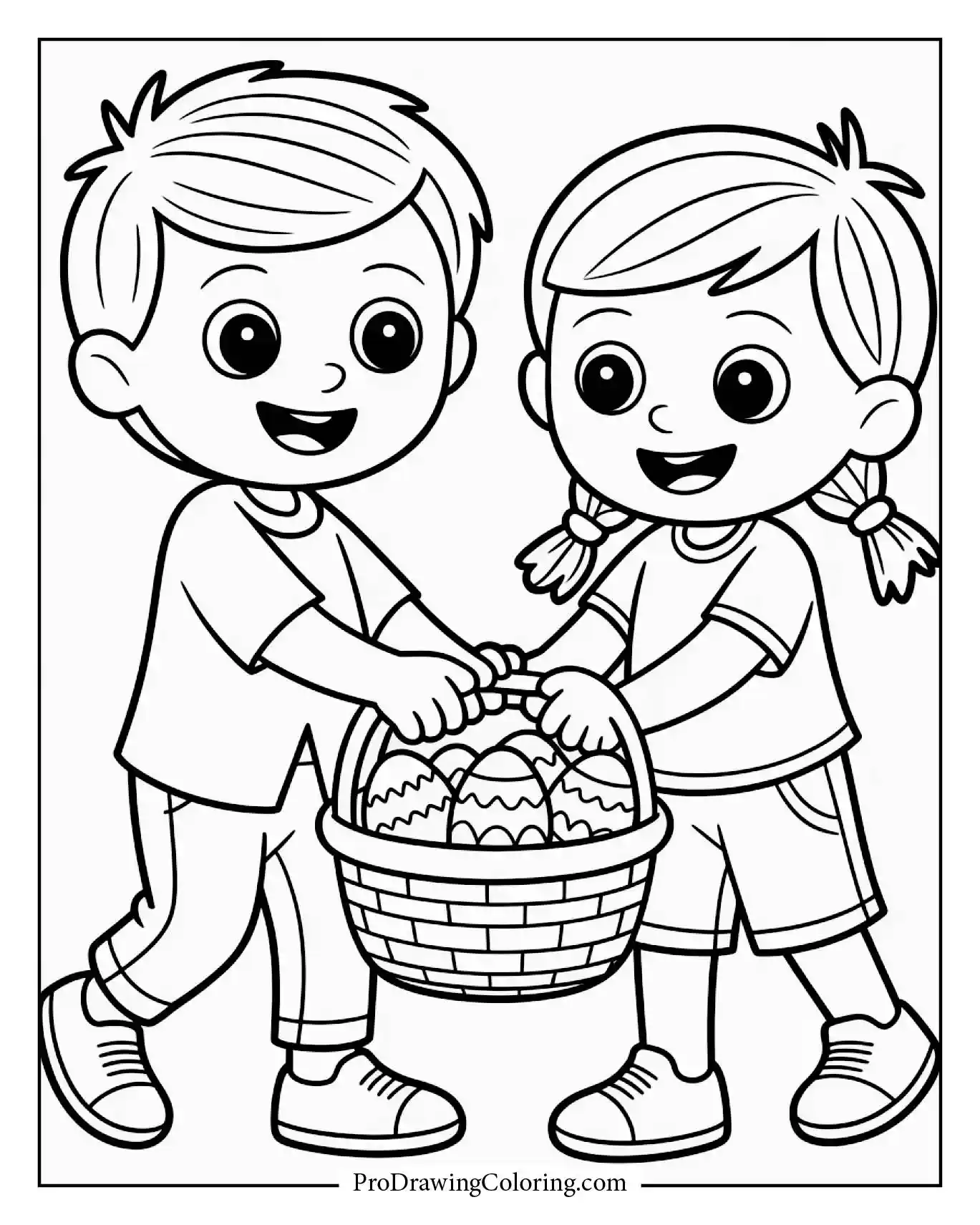 Two kids carrying a basket of painted eggs through a colorful garden.