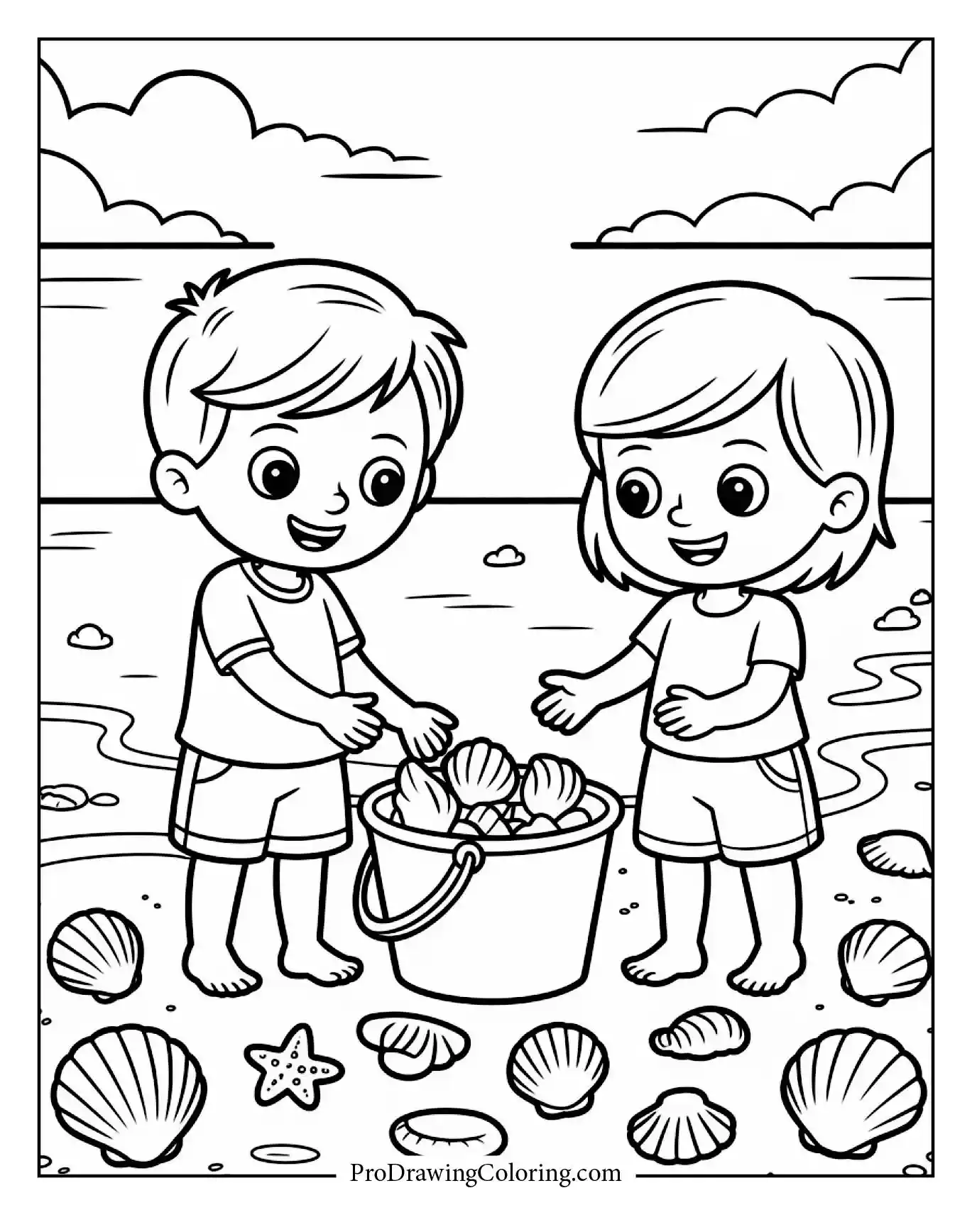 Beach coloring pages – kids collecting seashells on the shore