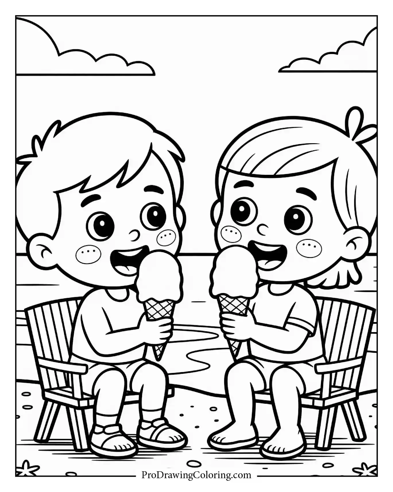 Beach coloring pages – kids eating ice cream on the beach