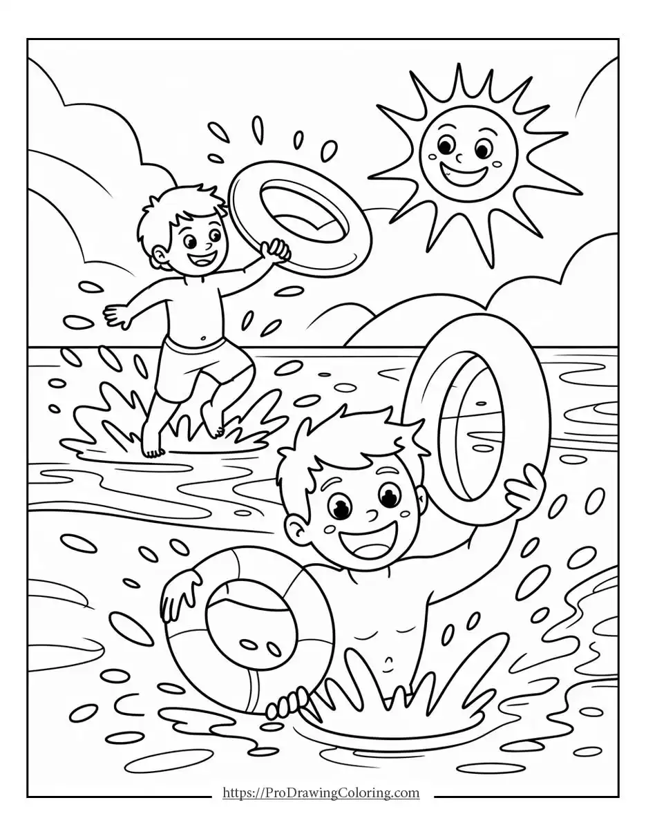 Happy children splashing in the water with inflatable rings under a bright summer sun