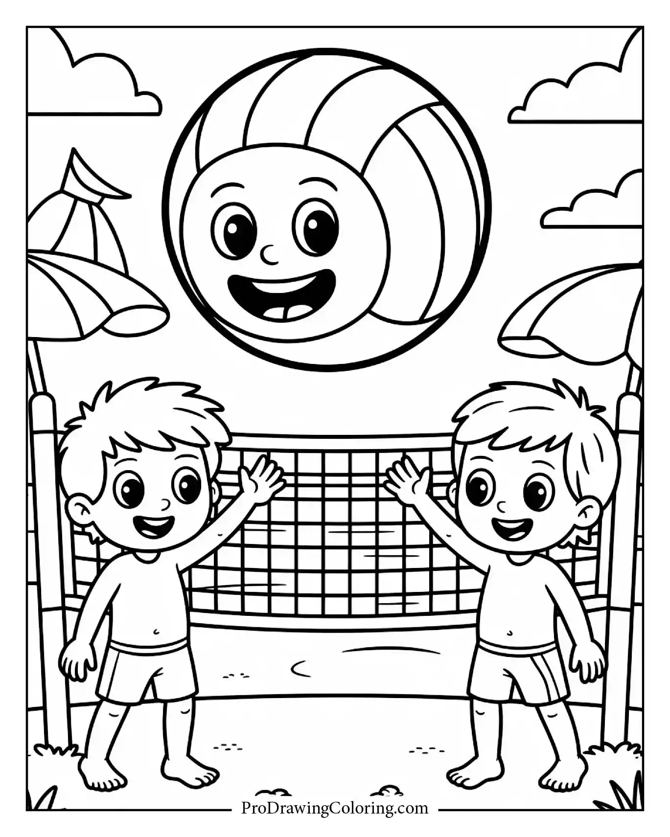 Beach coloring pages – kids playing volleyball on the beach