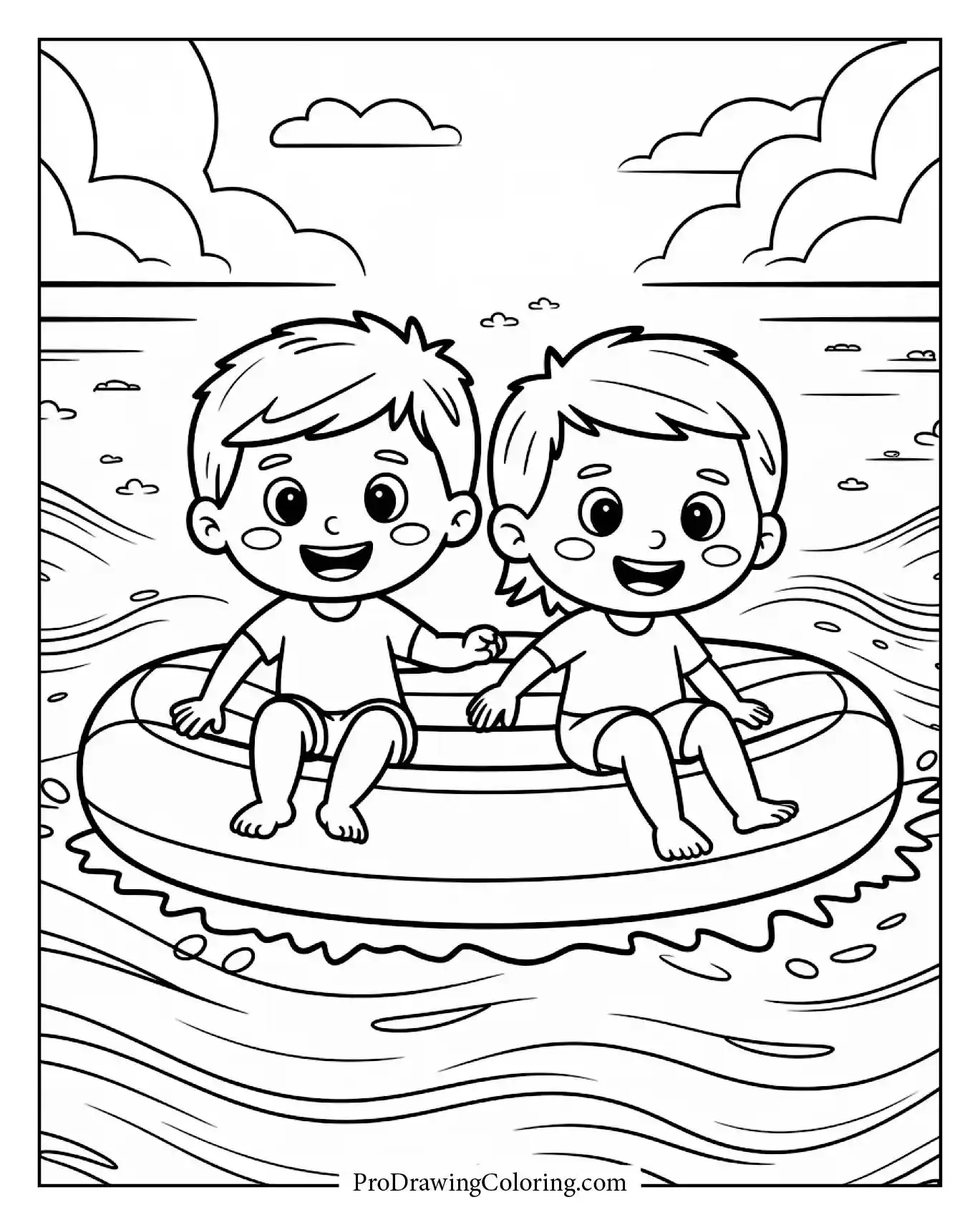 Beach coloring pages – kids riding float in the sea