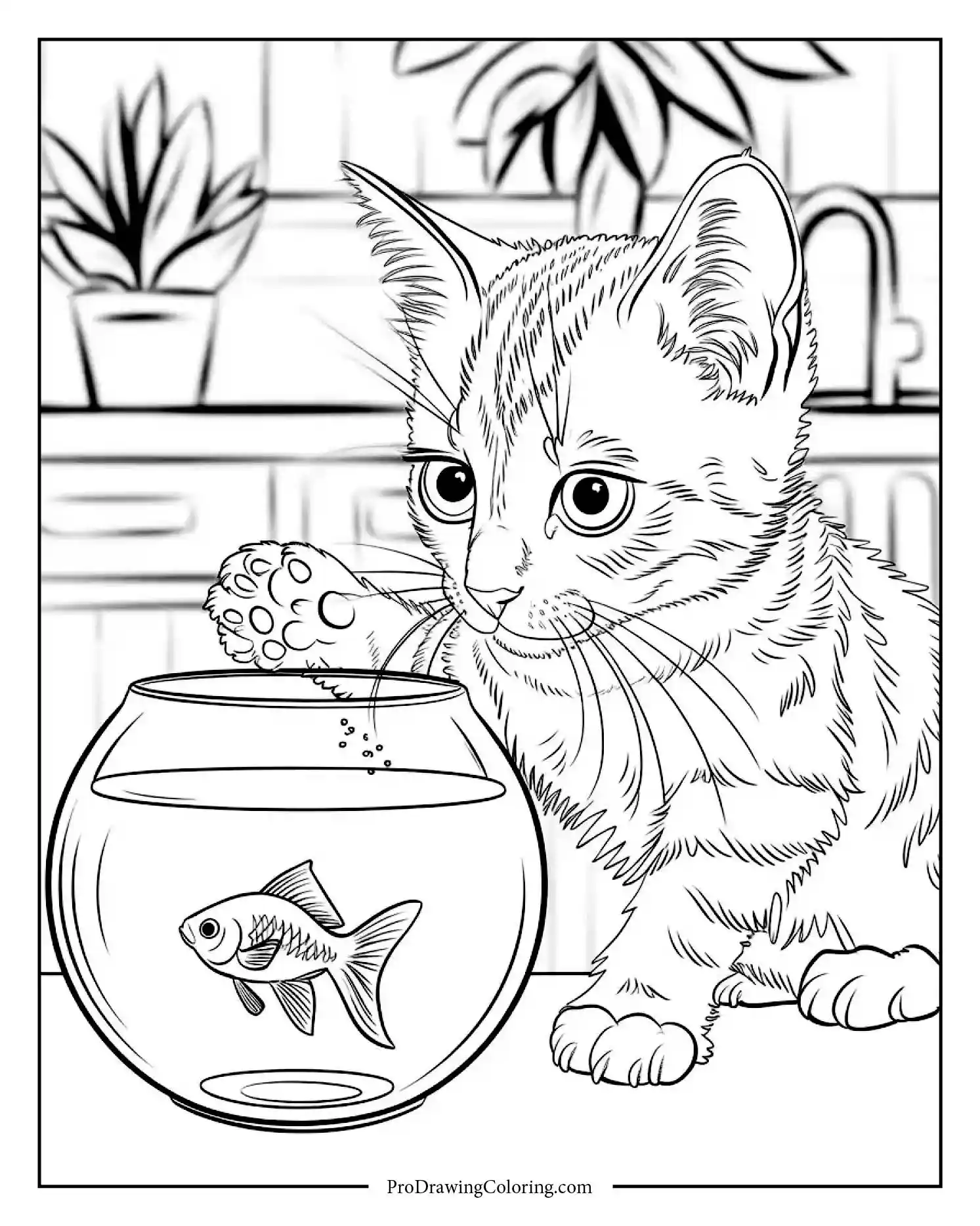 kitten and fishbowl Curious kitten coloring page looking into a fishbowl, fun for kids