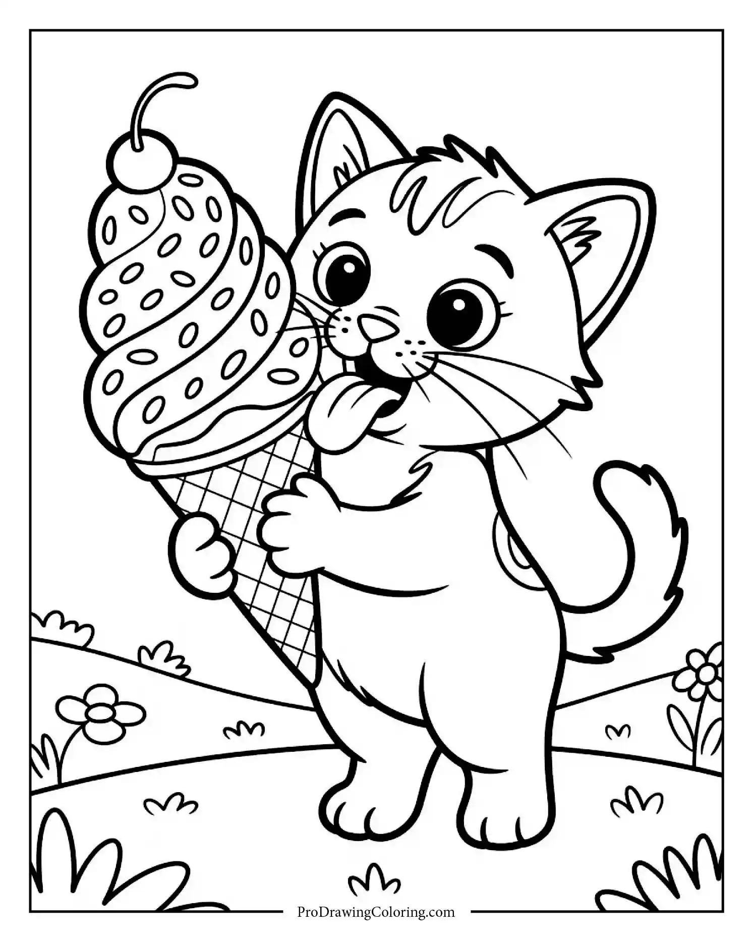 kitten and ice cream Sweet kitten coloring page enjoying an ice cream cone