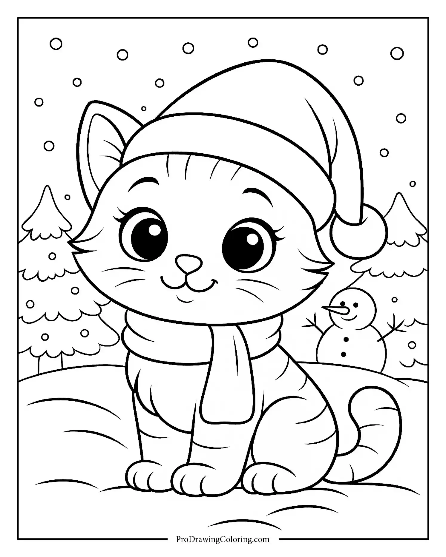 kitten coloring page printable Cute winter kitten coloring page wearing a hat and scarf in the snow