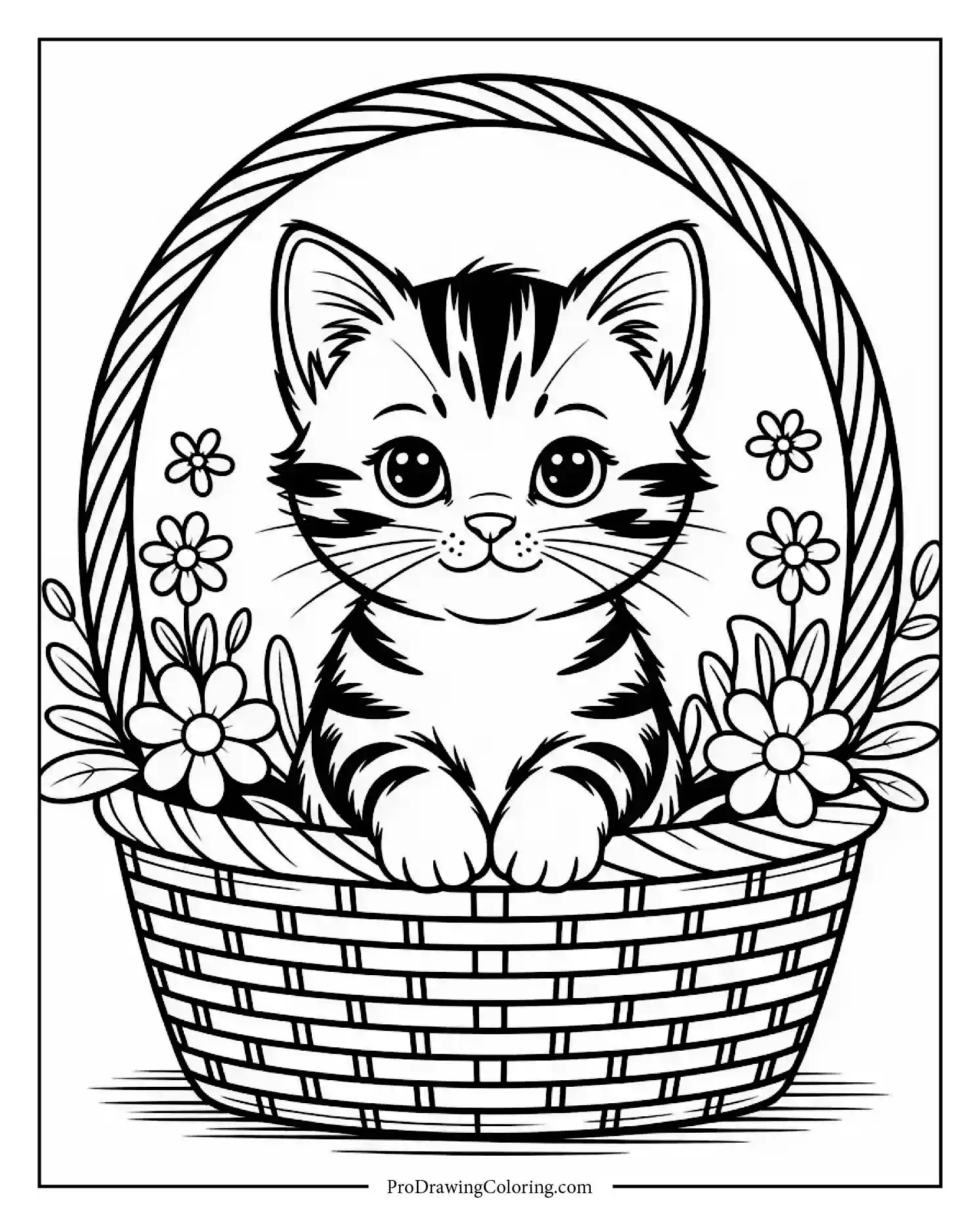 kitten in basket Sweet kitten coloring page in a flower basket, easy and fun for kids