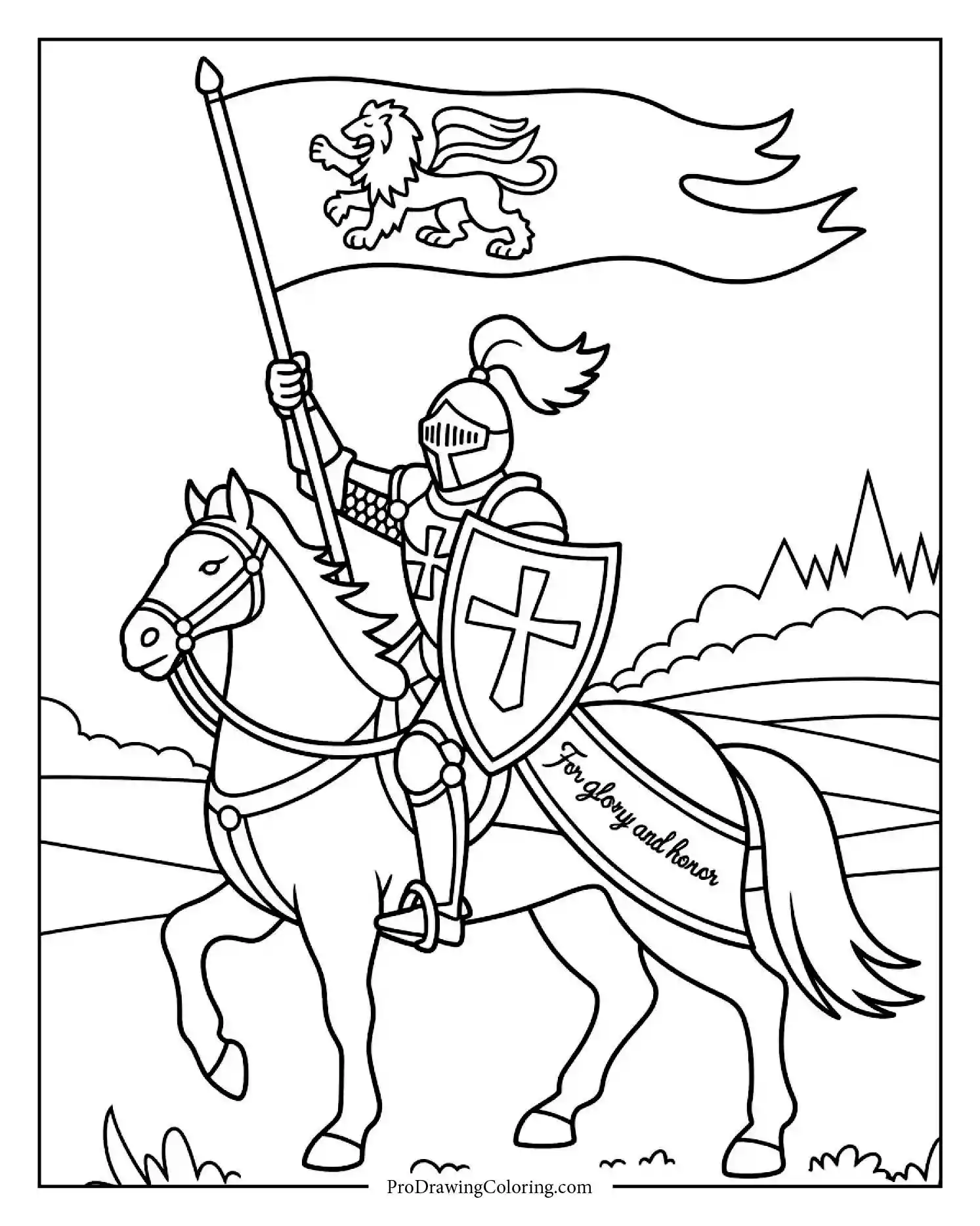 knight on horse coloring page Medieval coloring page of a knight in armor riding a strong horse