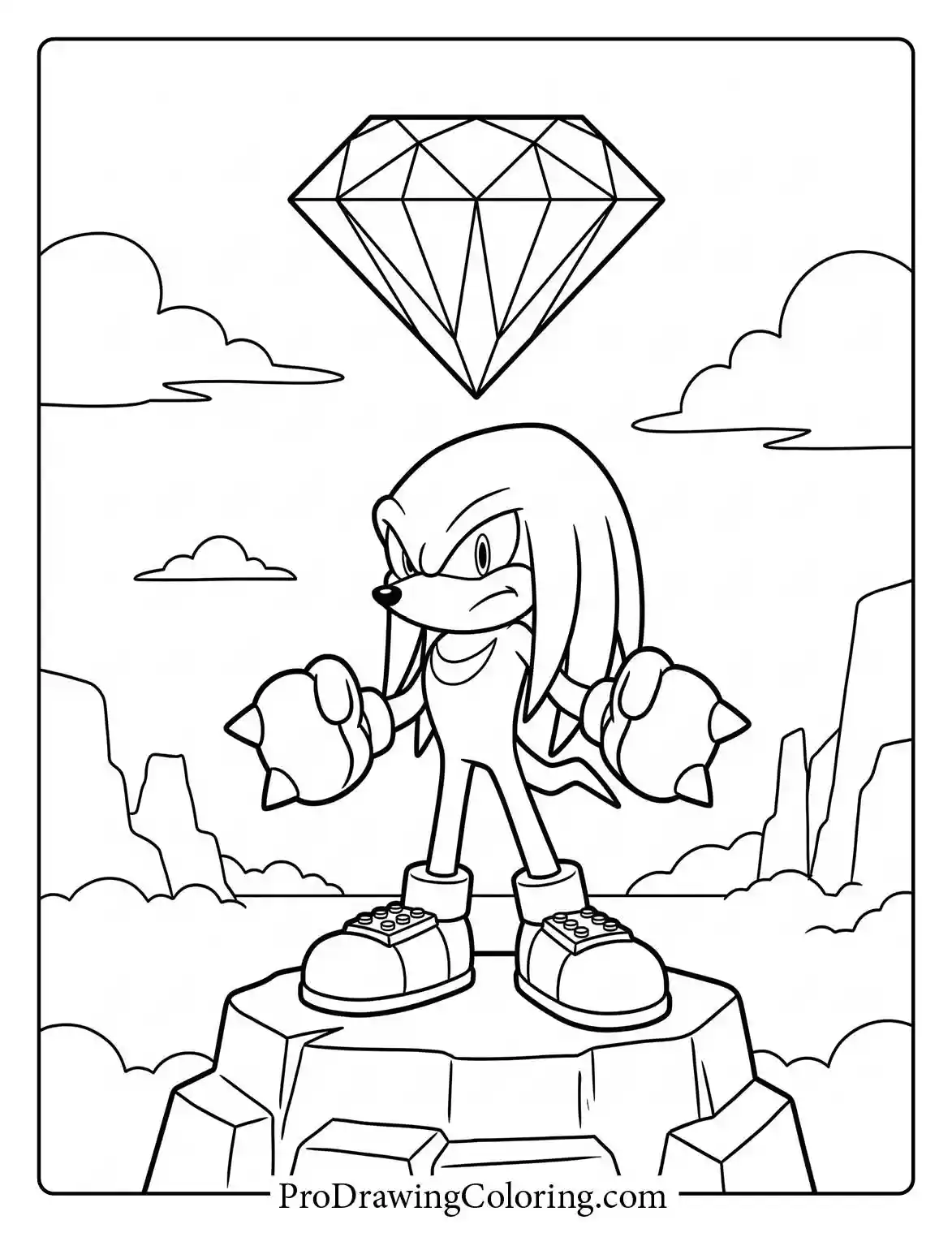 Knuckles the Echidna standing proudly on a high rock guarding the giant Master Emerald.