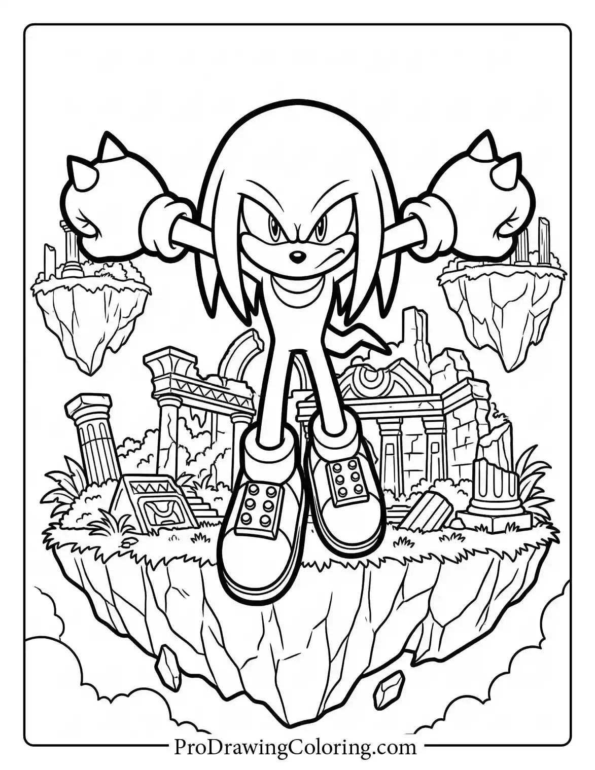 Knuckles the Echidna gliding over floating ancient ruins, an epic adventure scene for knuckles sonic coloring pages.