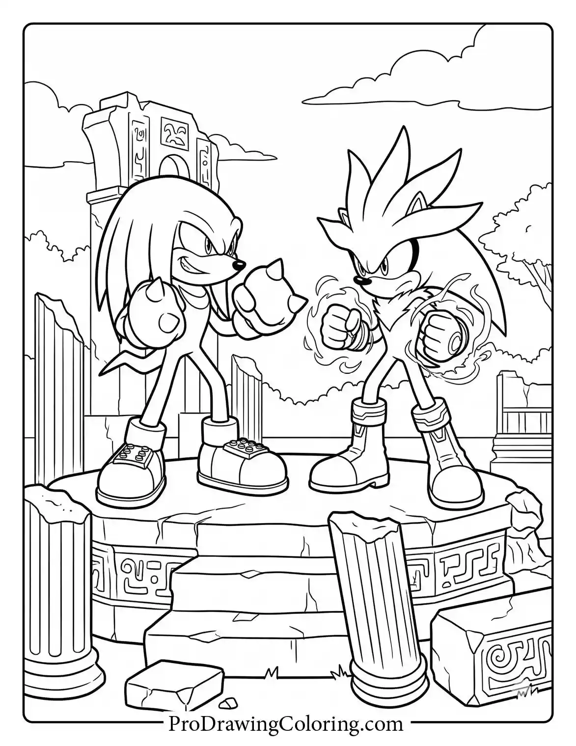 Knuckles and Silver facing each other ready to fight on top of ancient stone ruins.