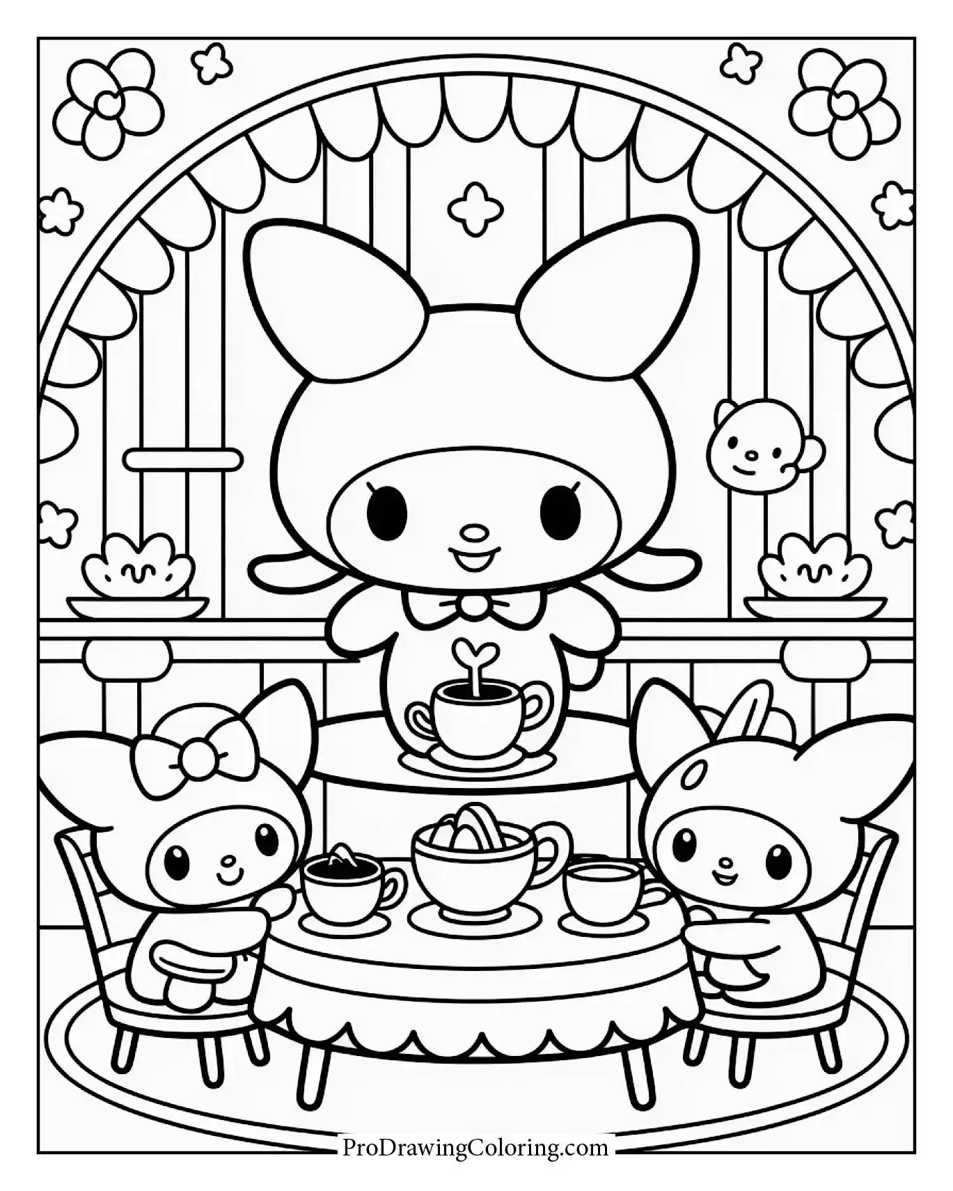 Adorable Kuromi and friends coloring sheet, cute design, group activity.