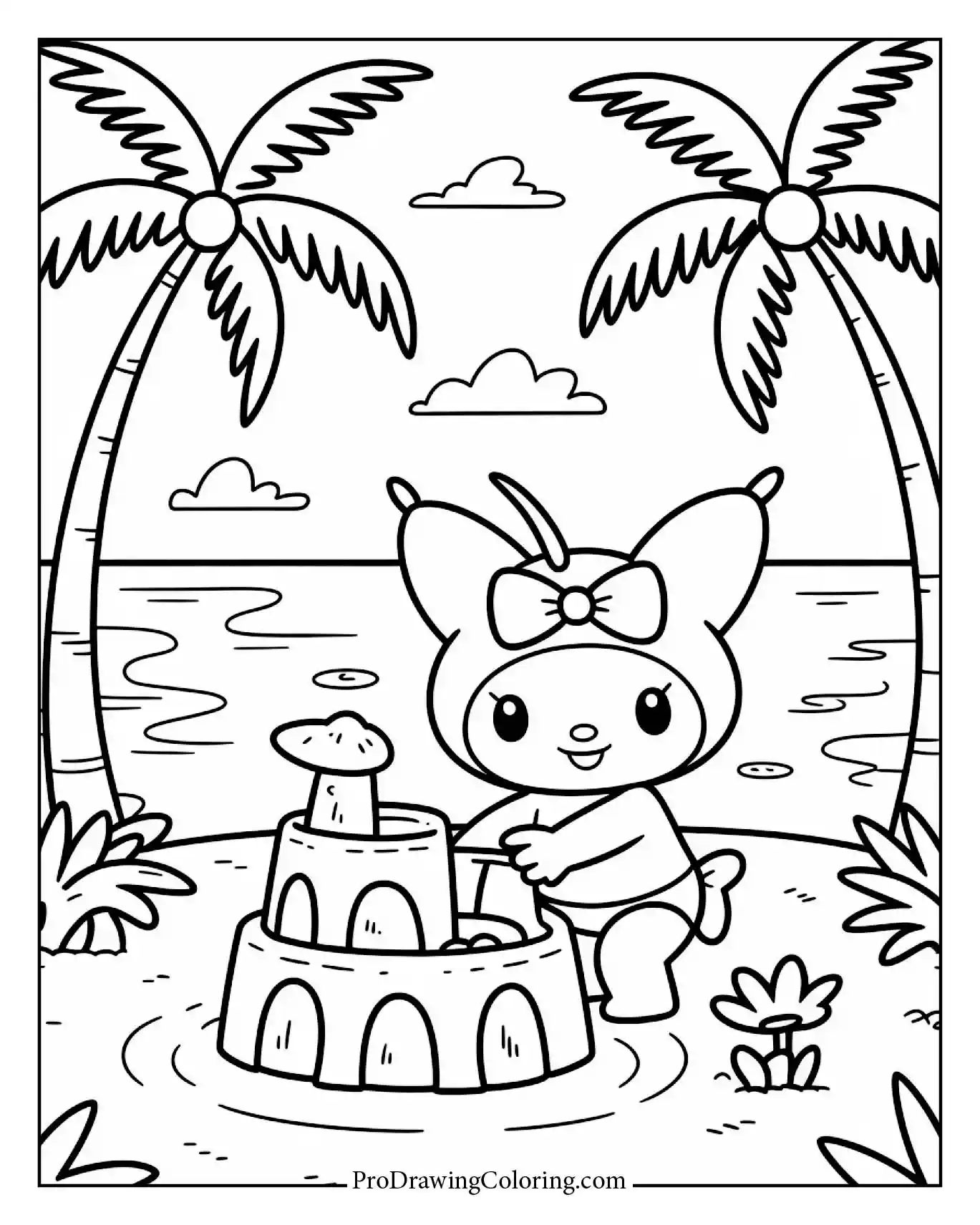 Beach-themed Kuromi coloring sheet, summer vibes, ocean view.