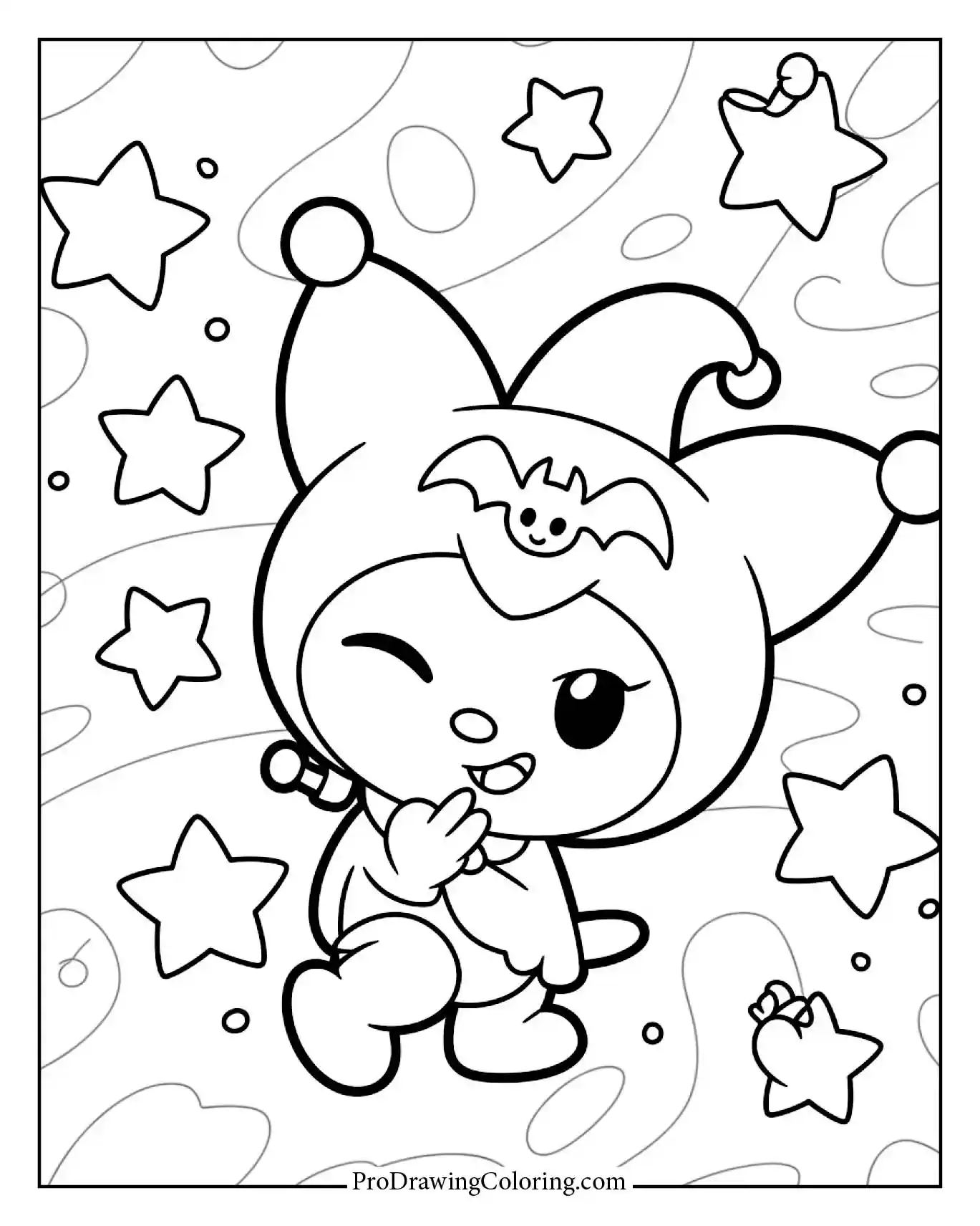 Printable Kuromi coloring page featuring her playful look and fun background