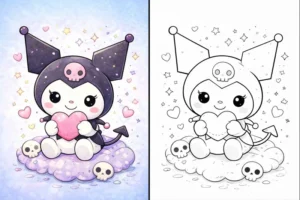 Kuromi coloring pages showing a cute simple design, with a colorful kawaii illustration on the left and clean black and white line art on the right