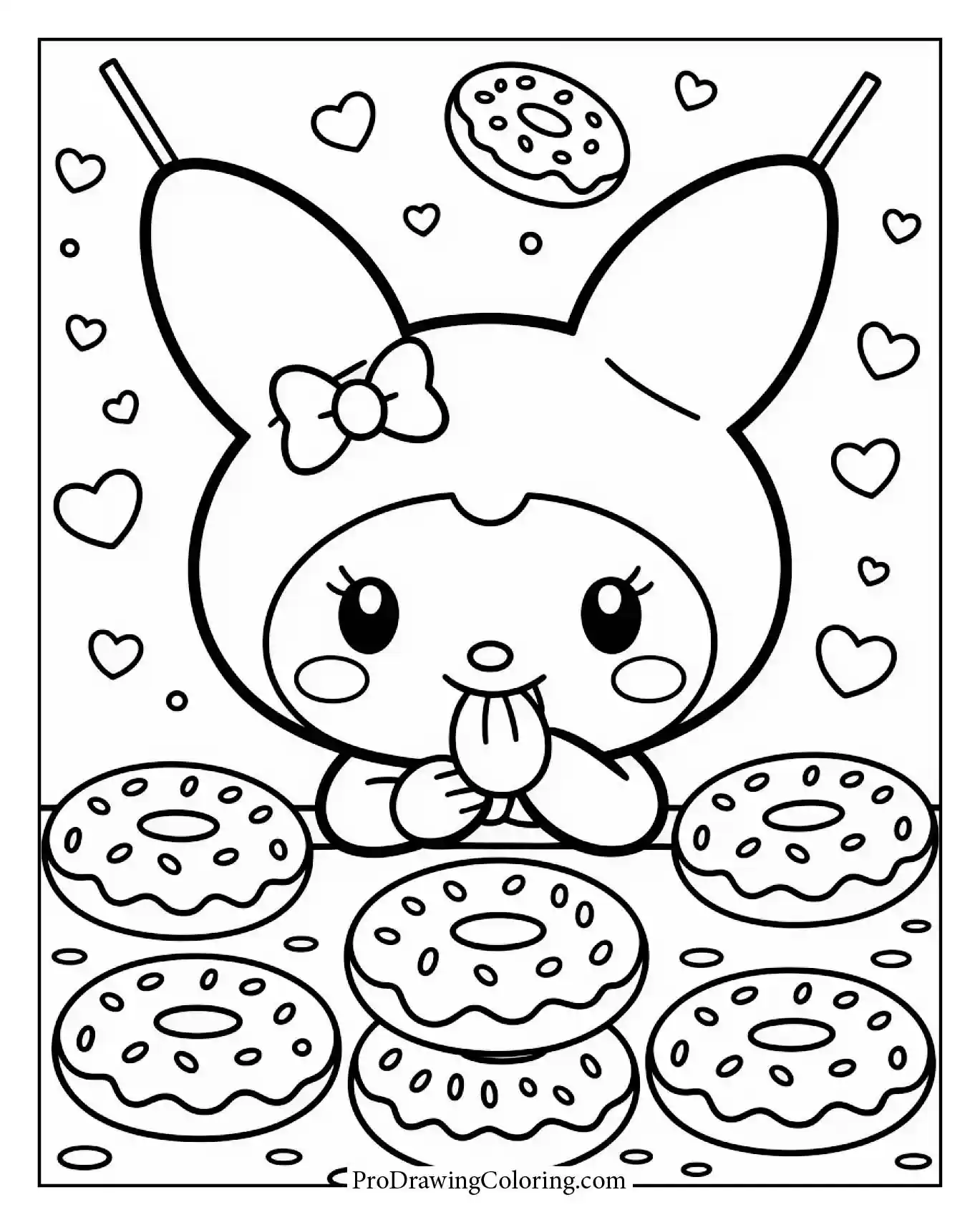 Sweet Kuromi eating donuts, yummy vibes, delicious treat.