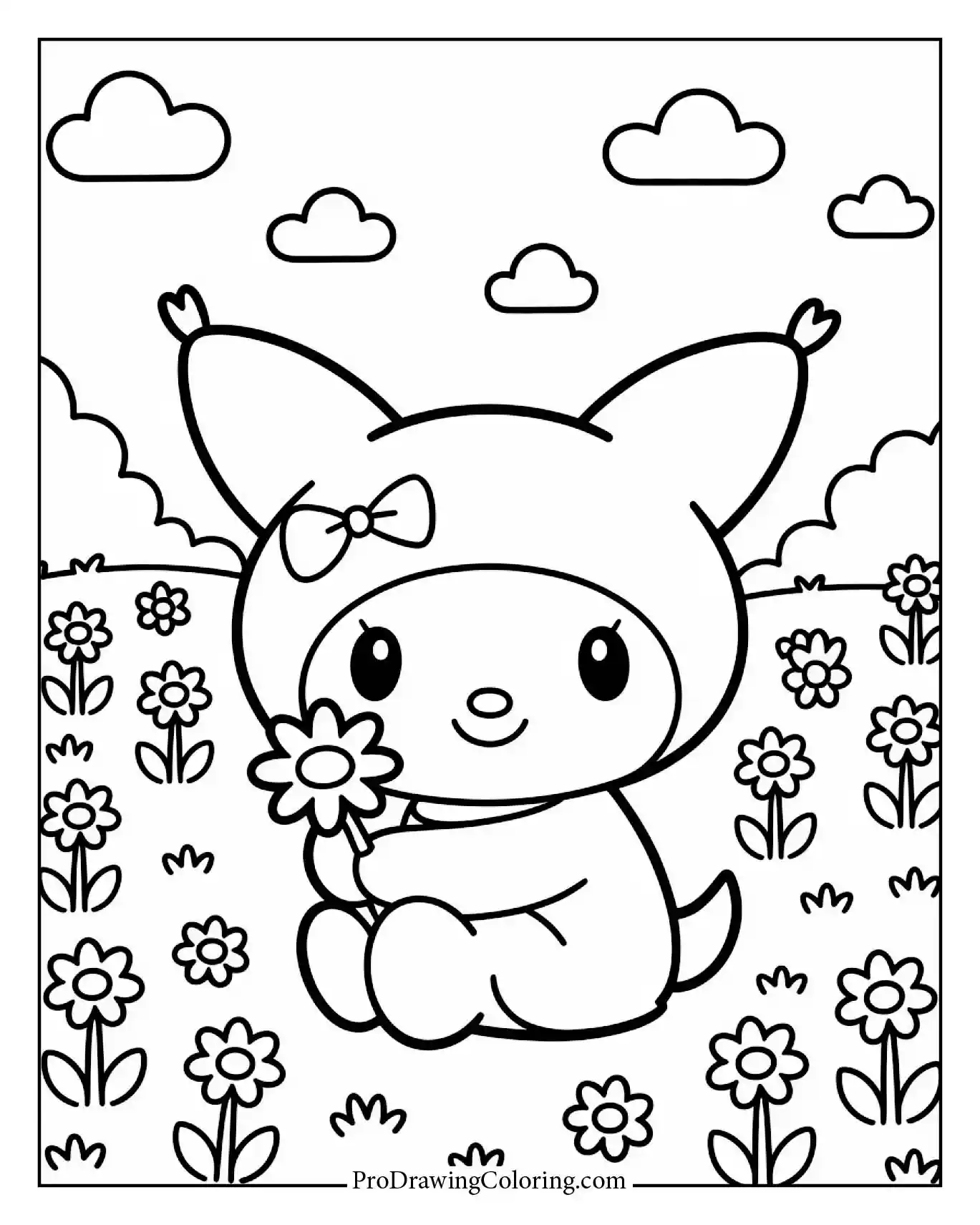 Kuromi surrounded by flowers, floral aesthetic, nature lover.