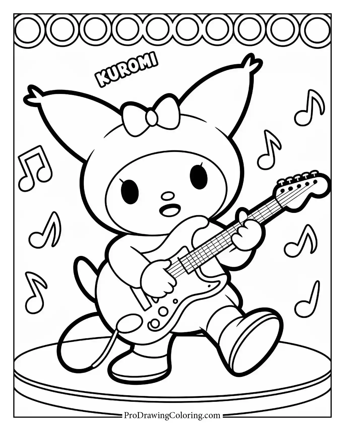 Rockstar Kuromi with electric guitar, printable sheet, music fan.